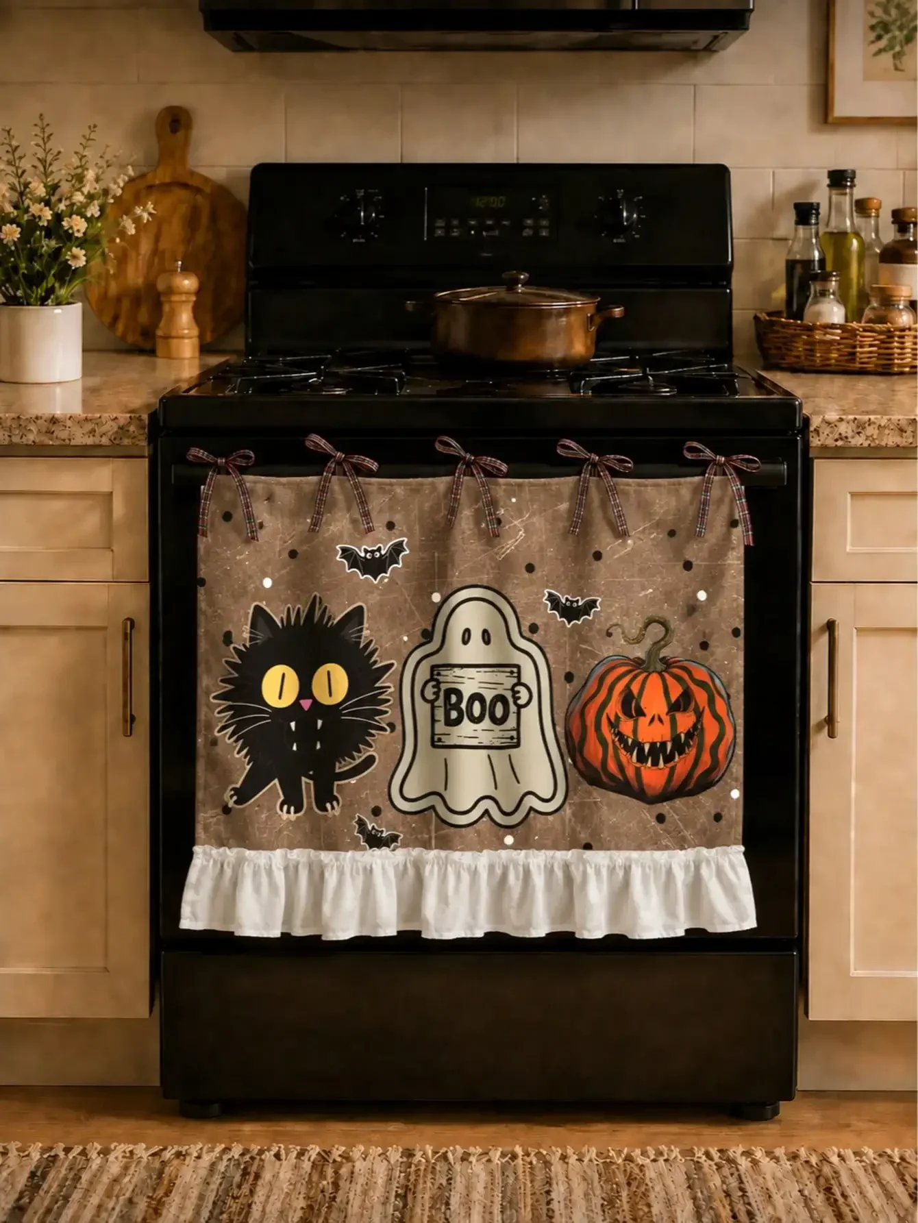 Fall Oven Skirt, Farmhouse Kitchen Decor Curtain Polyester Fabric, Pumpkin Bat Star Print, Plaid Bow Top with White Ruffle Hem