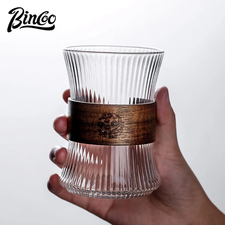 Bincoo Modern Glass Mug 10.5oz | Clear Fluted Coffee Cup with Wooden Band for Pour Over & Espresso, Durable Heat-Resistant