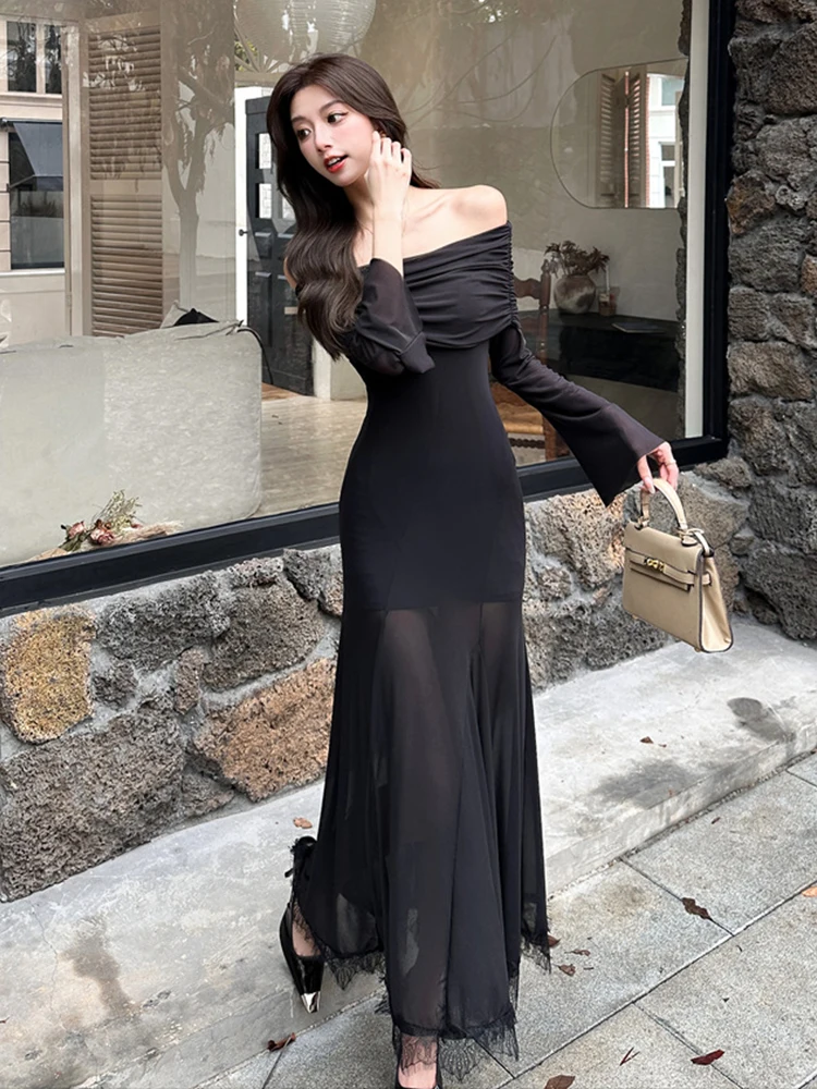 Celebrity Casual Long Evening Prom Dresses donna elegante elastico Sheer Mesh Off spalla Maxi Robe Party Holiday Mujer Vestidos