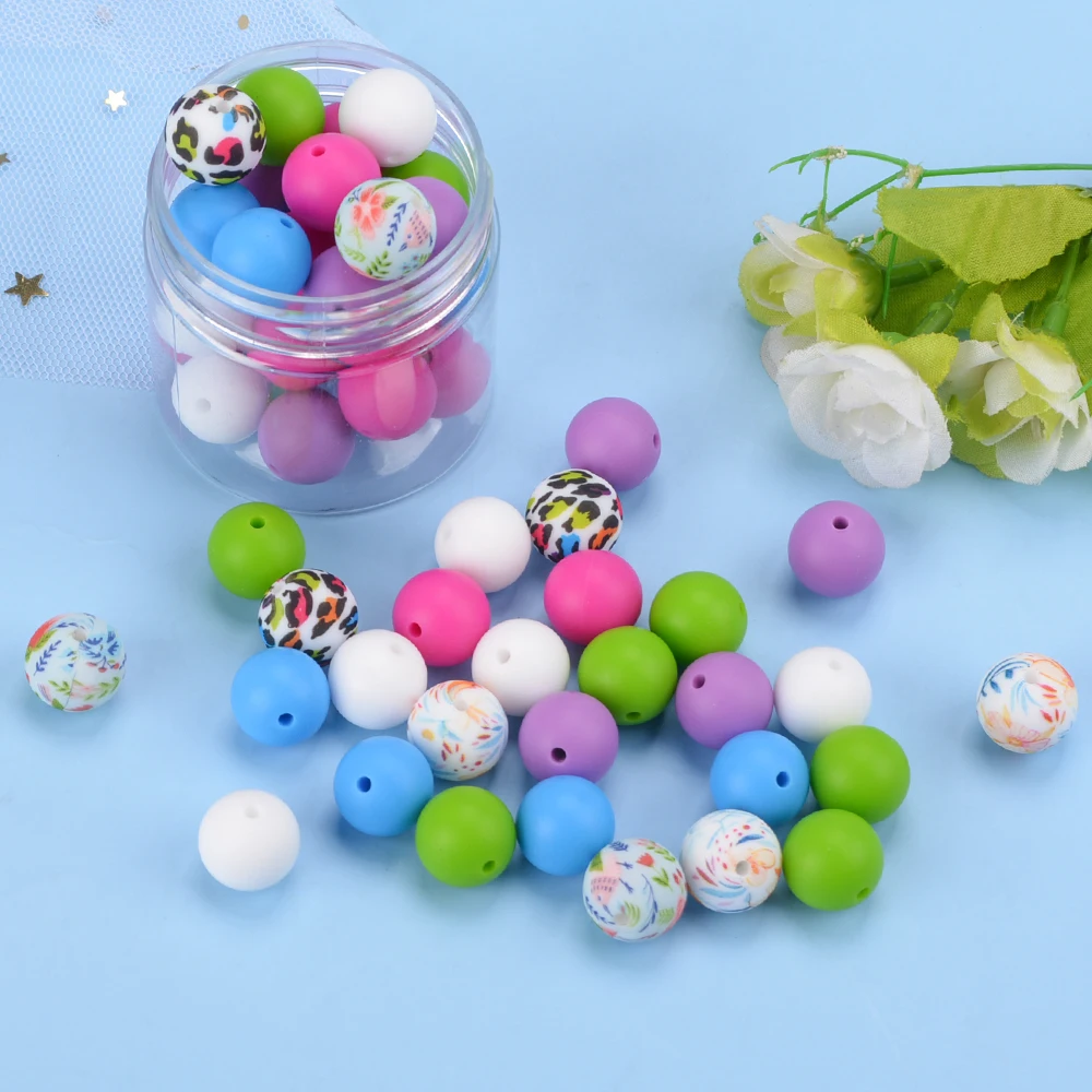 LOFCA 59Pcs New Silicone Beads 15mm Round Leopard Flowers Beads For Jewelry Making DIY Necklace Bracelet Accessorie