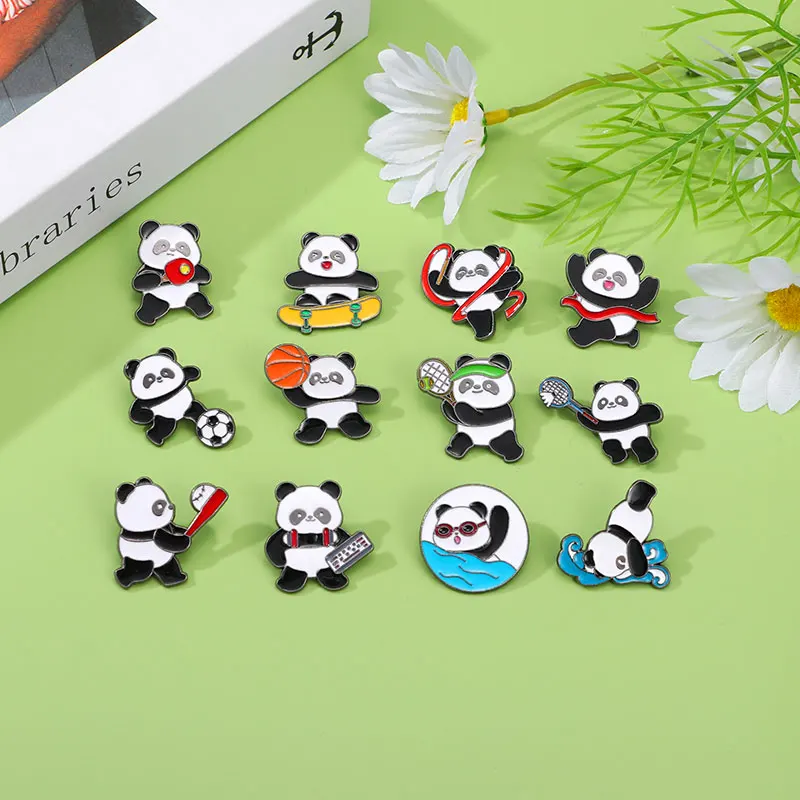 Cute Sports Panda Collection Enamel Brooches Playing Basketball Football Tennis Swimming Diving Weightlifting Pins