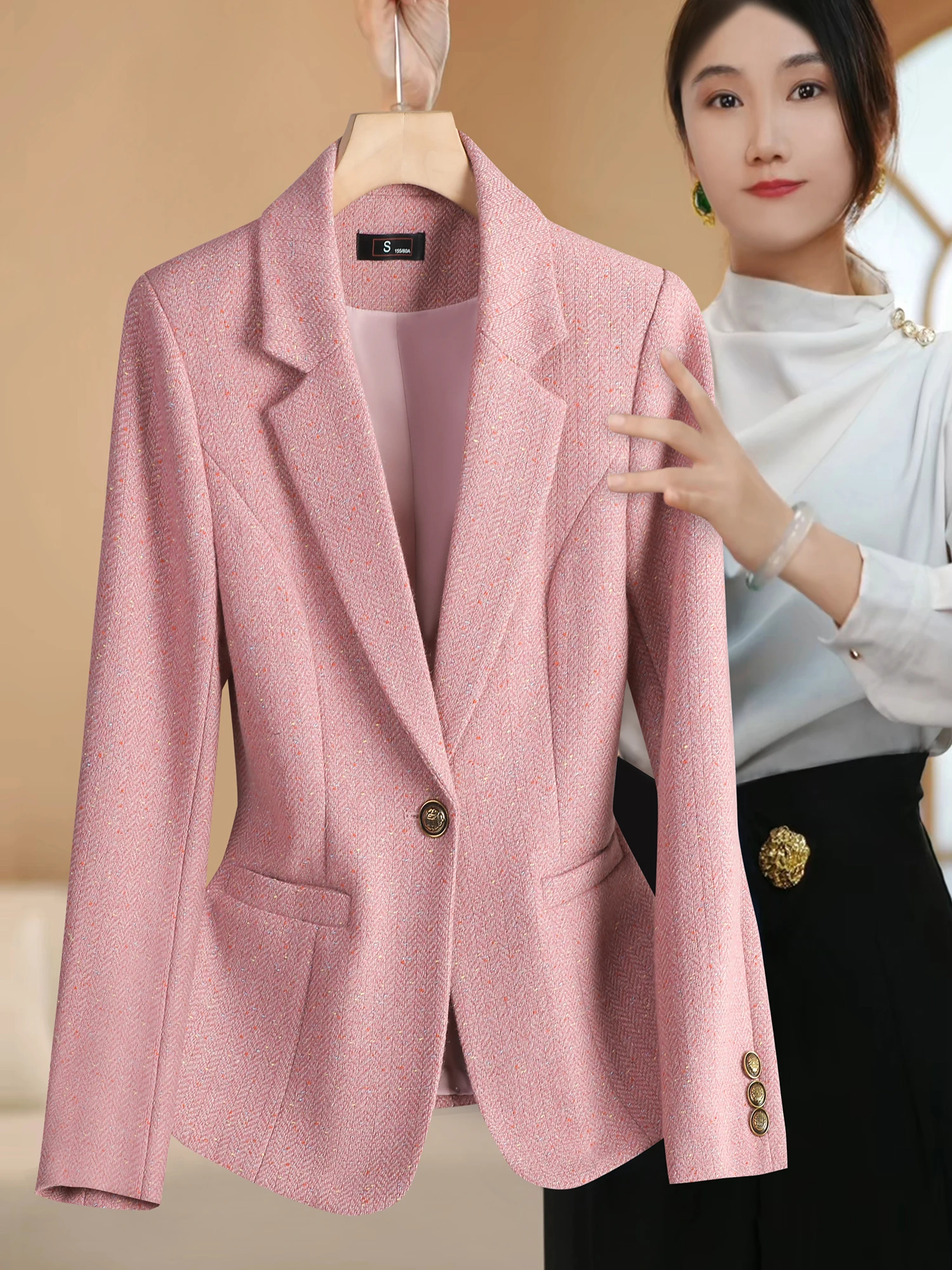 

Pink Suit Jaet Women's Formal Workwear Profional Lightweight Autumn Winter New Arrival Commute Sle Button ket Detail