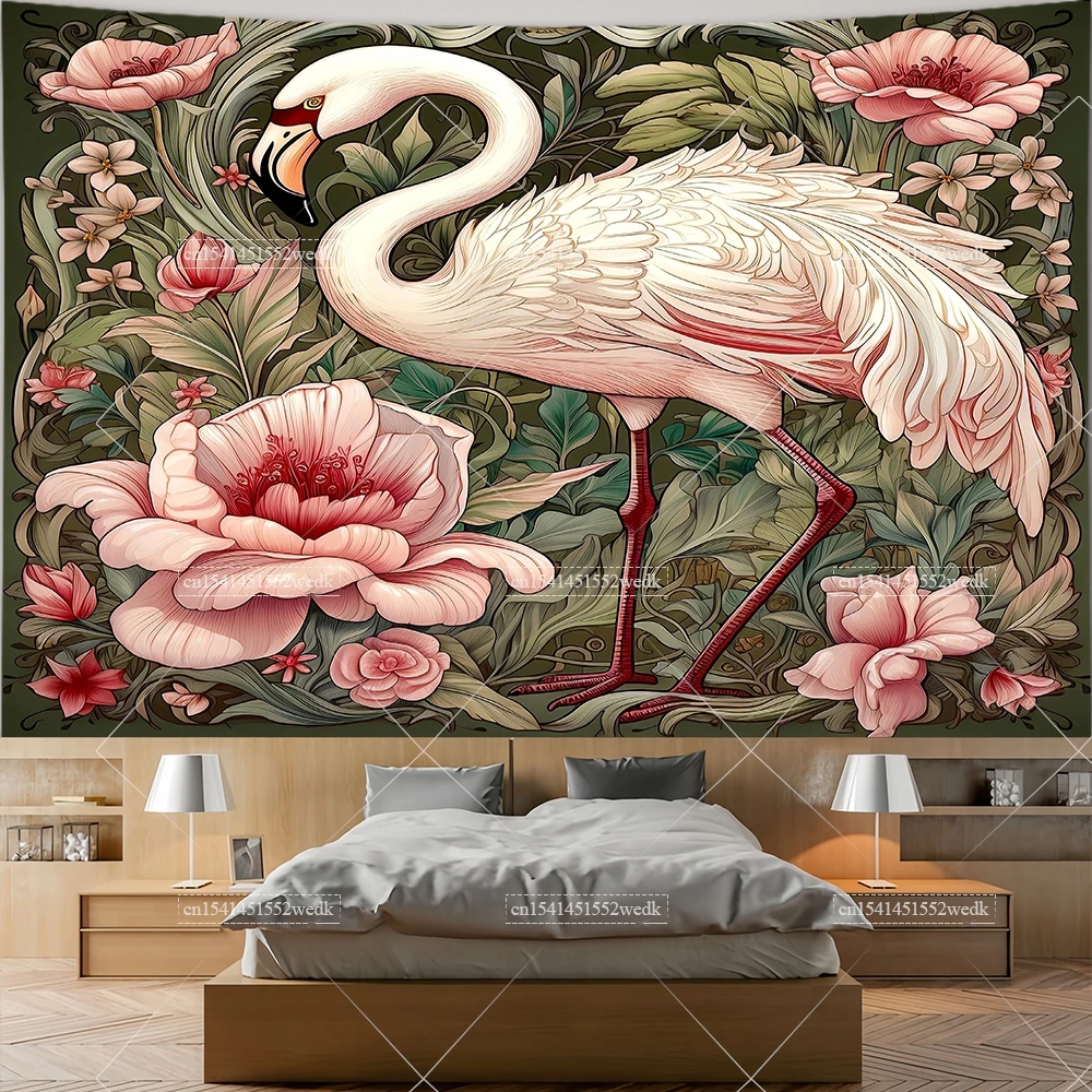 열대 플라밍고 태피스트리 벽 교수형 히비스커스 꽃 태피스트리 미적 방 장식 동물 풍경 태피스트리 3D 배경 화면