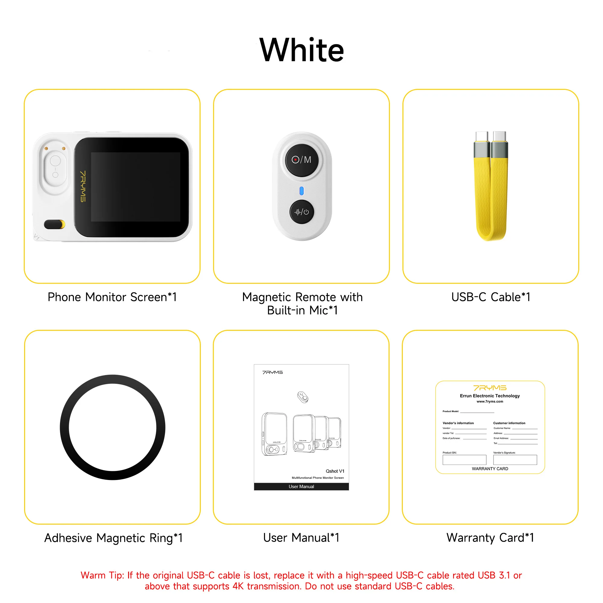 7RYMS Qshot V1: bedrade selfie-monitor met draadloze microfoon, geschikt voor iPhone en Android, 4K/120 fps, ideaal voor het opnemen van vlogs en live streaming.