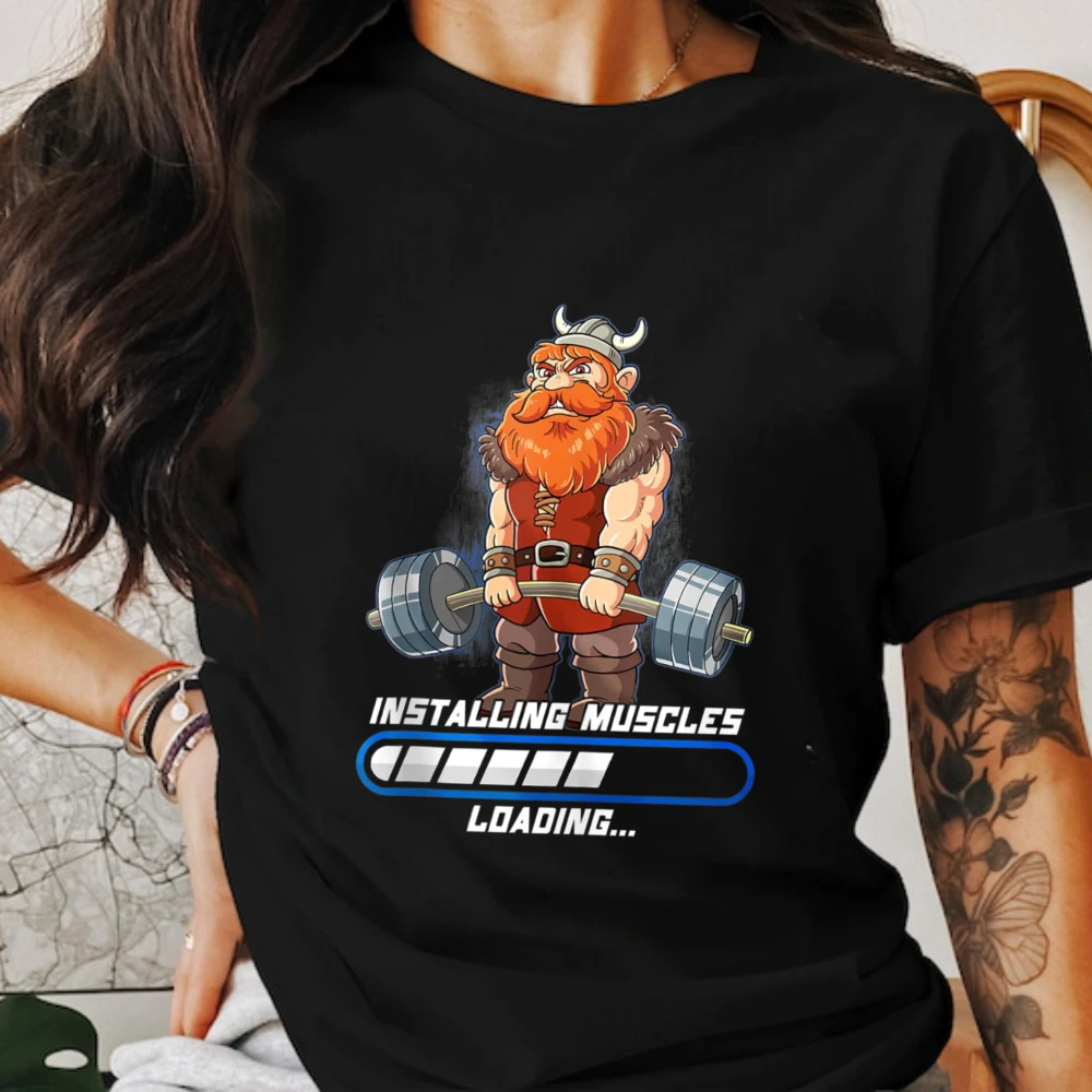 Installing Muscles Loading Viking Weightlifting Print T Shirt Men Summer O-Neck Cotton Funny Bodybuilding Gym Workout Casual Top