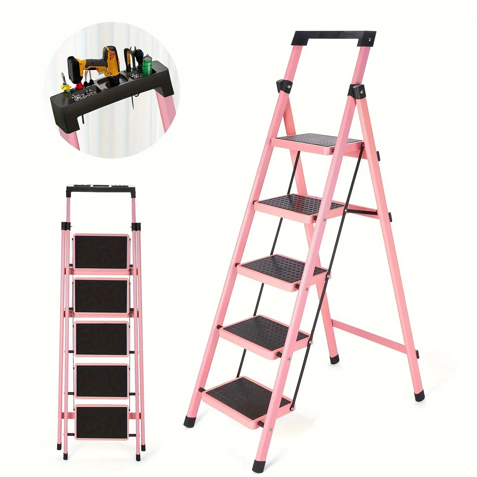 1pc 4 -Step Metal Ladder, Foldable with Square Head, Multi-Purpose for Indoor, Kitchen, Garden, Warehouse, Collapsible Design