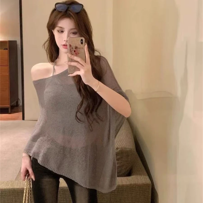 Women Knitwear Bikini Cover-up See-through Tops Lightweight Shrug Shawl Off Shoulder Mesh Loose Beach Tops Popcorn Shrug Cape Pu