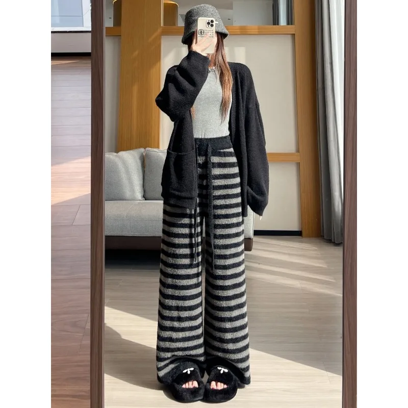 Korean Style Women Faux Mink Fur Striped Knit Wide Leg Pants Autumn Winter Relaxed Floor Length Casual Trousers