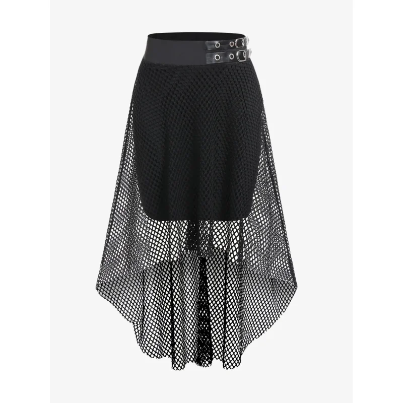 ROSEGAL Plus Size Gothic Fishnet Overlay Grommets Buckle High Low Skirt Ladies Streetwear Bottoms Black Elastic Waist Midi Skirt