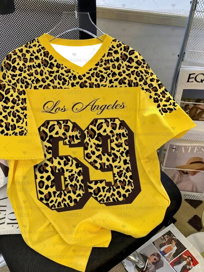 T-shirt sportiva da donna per ragazza e ragazzo Los Angeles NO.69 con stampa manica corta estiva T-shirt sportiva per adulti con stampa leopardata taglie forti
