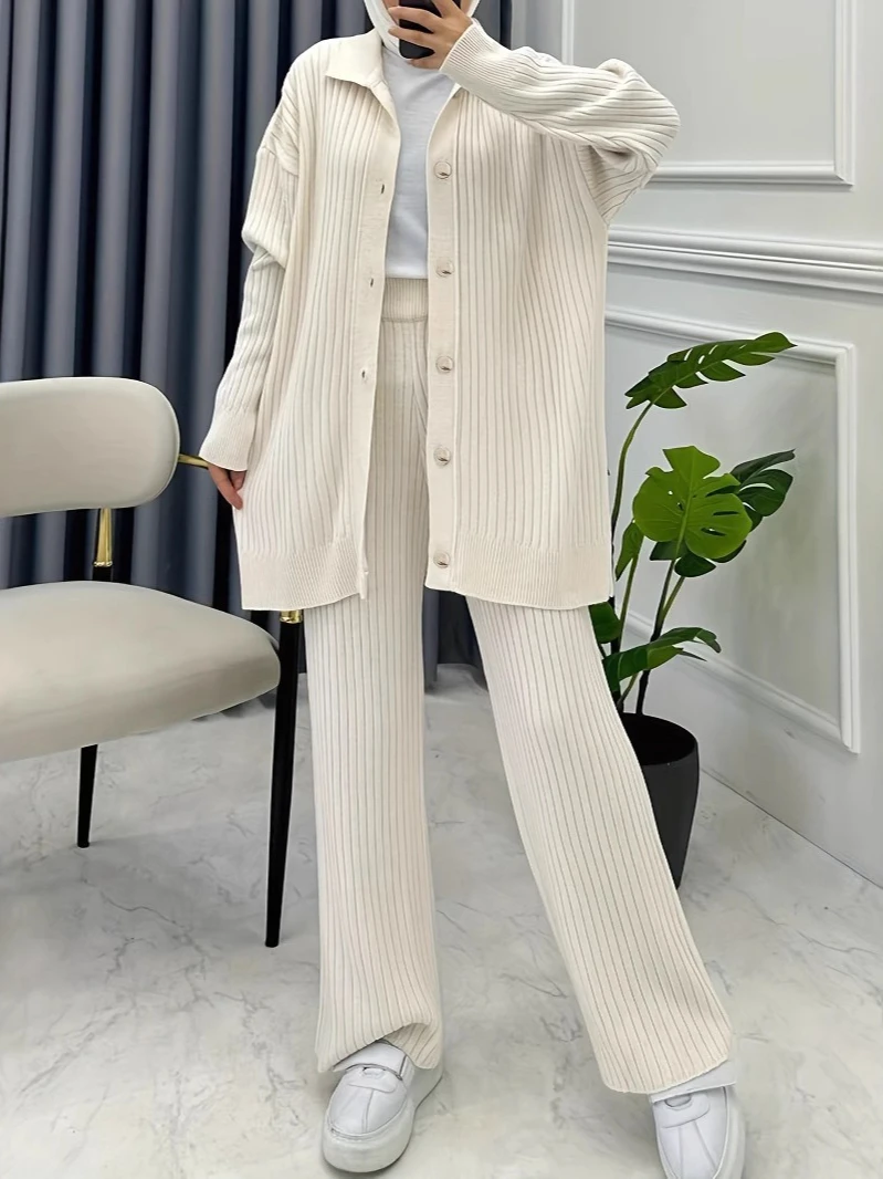 

Women Knit Sweater Cardigan Pant Muslim Two Piece Set Single Breasted Cardigan Wide Leg Pants Suit autumn Knitted Coat Outfits