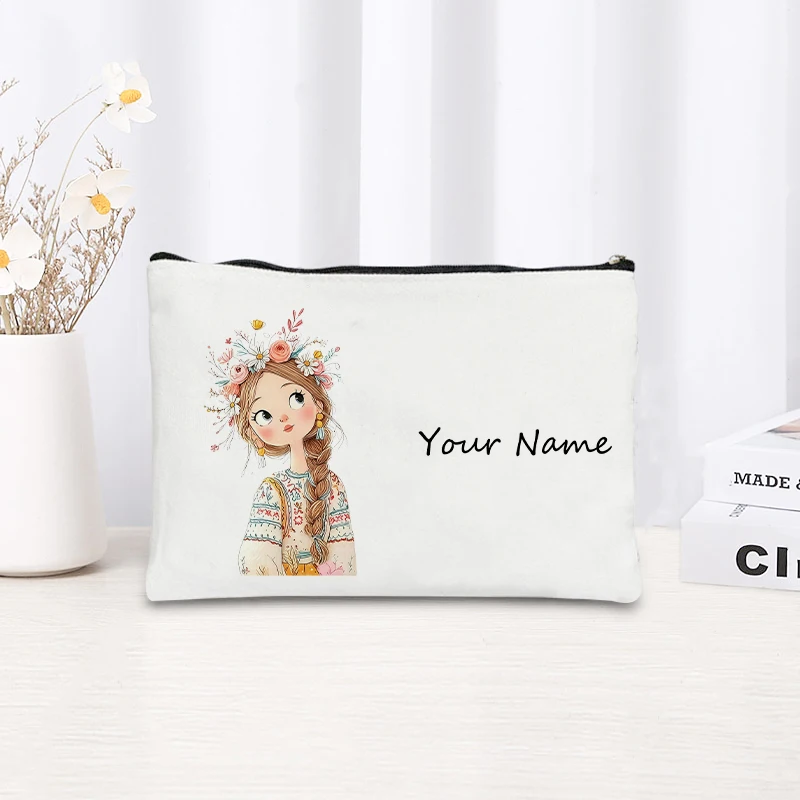 Custom Name Kawaii Girl Canvas Makeup Bag, Personalized Daily Travel Cosmetic Pouch, Toiletry Case, Xmas Birthday Gift for Girls