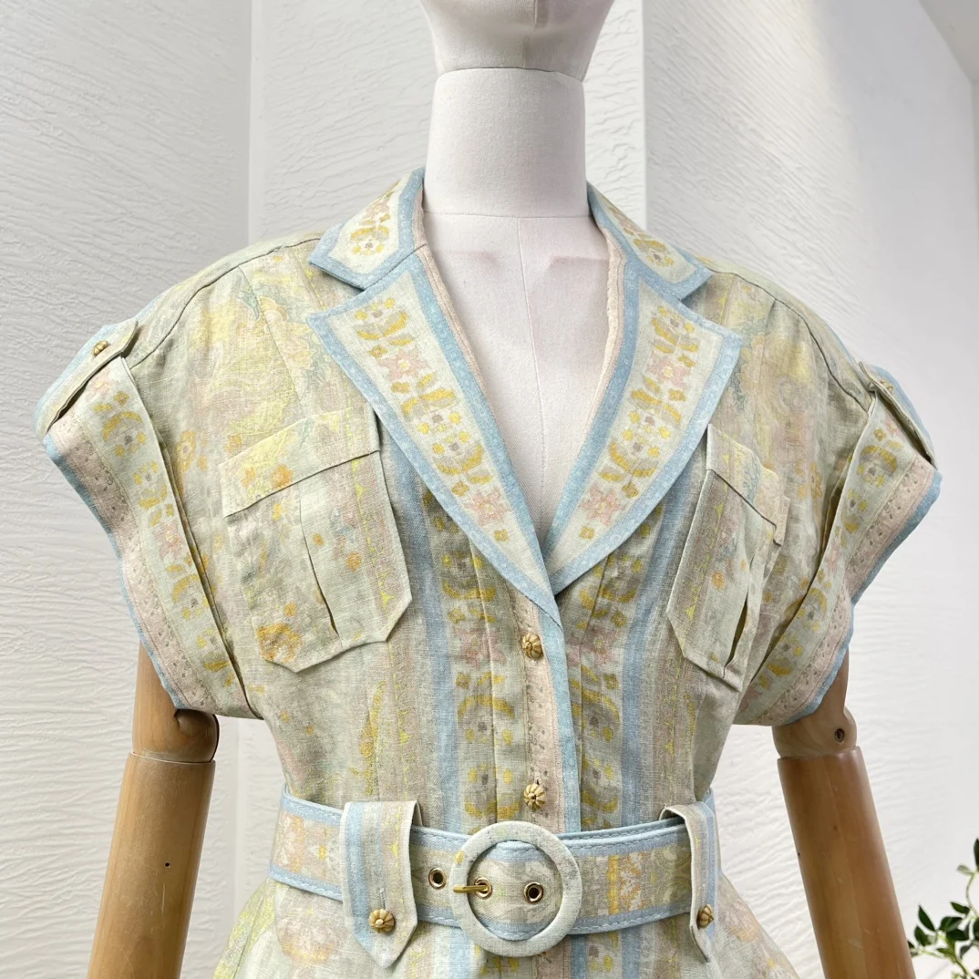 Pure Linen New High Quality Light Green Floral Print Short Sleeve Women Belted Holiday Mini Dress