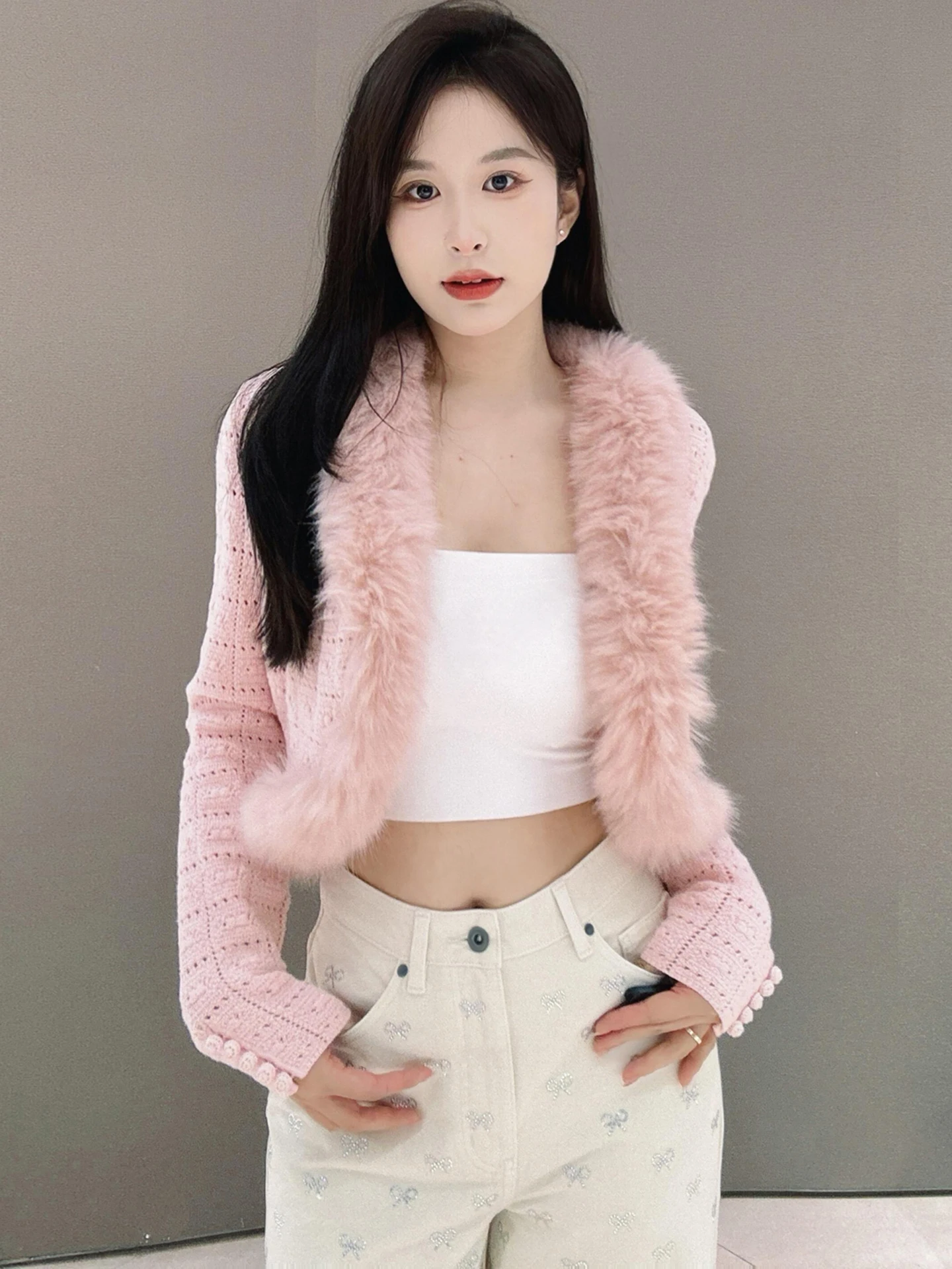 Sweet ort Knitted Cardigan Coat with Furry Collar for Women Ele Commute Sle Regular Fit Medium Softn Long Sve