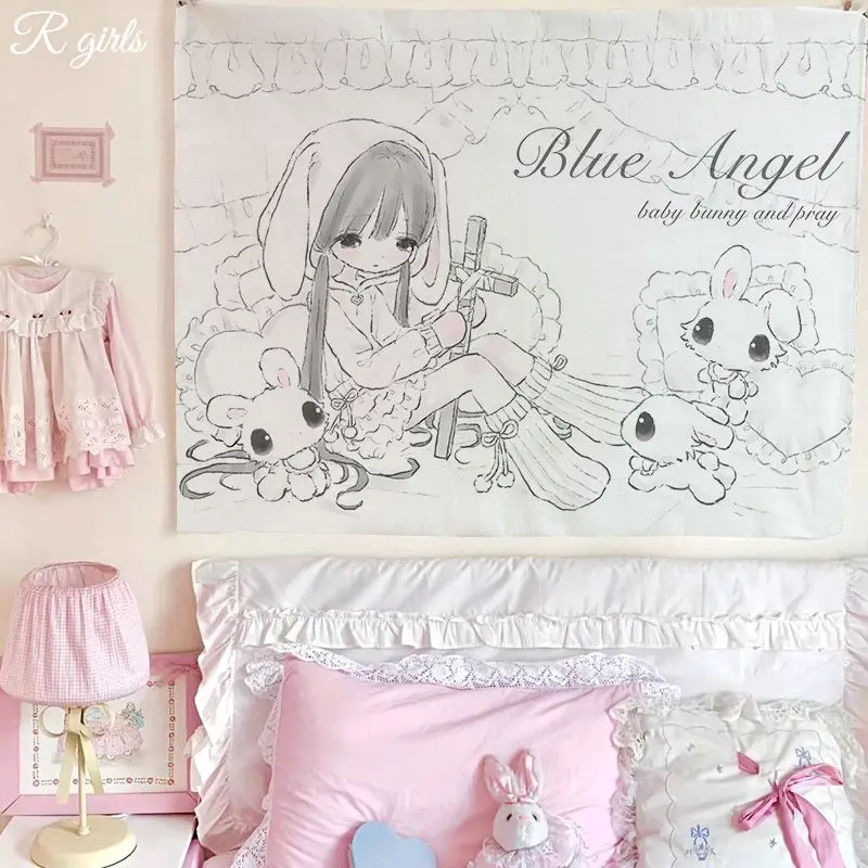 Cute Lolita Bunny Girl Tapestry Blue Angel Print Wall Hanging Cloth Kawaii Sketch Style Wall Background for Bedroom Dorm