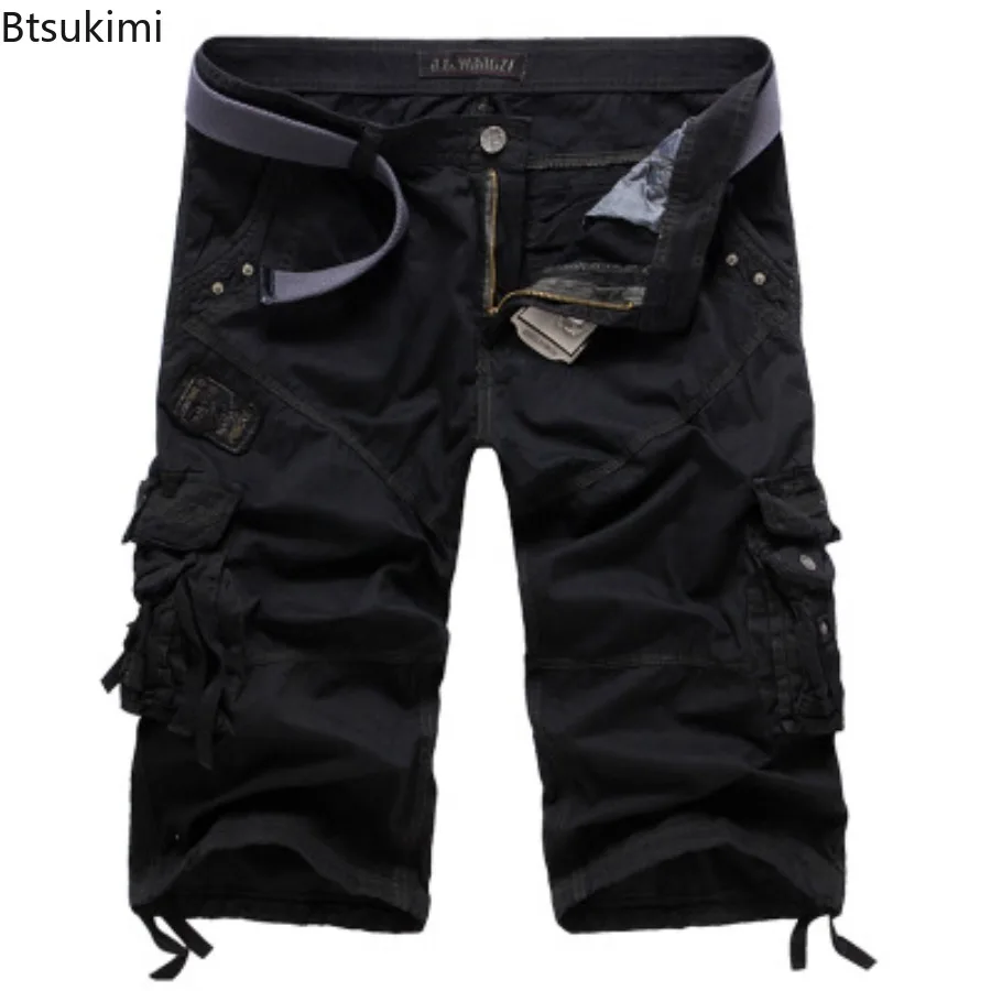New Summer Casual Shorts Men's Solid Straight Cargo Shorts Outdoor Workout Joggers Pants Multi Pocket Knee Length Sweatpants Men