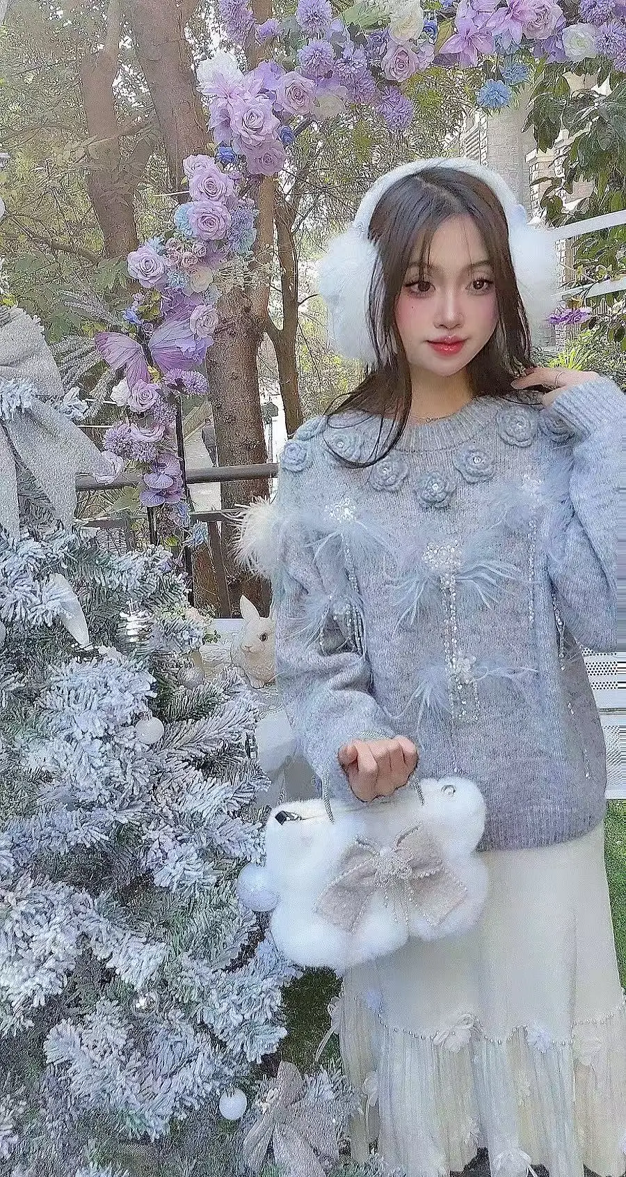 High-end Handmade Hook 3D Flower Crystal Bead Genuine Feather Sweater Women Autumn/Winter Wool Blended Knitted Pullovers Jumpers