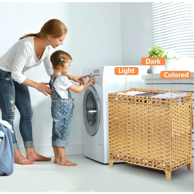 Laundry Hamper with 3 Removable Liner Bags; 132L Handwoven Rattan Laundry Basket with Lid & Heightened Feet