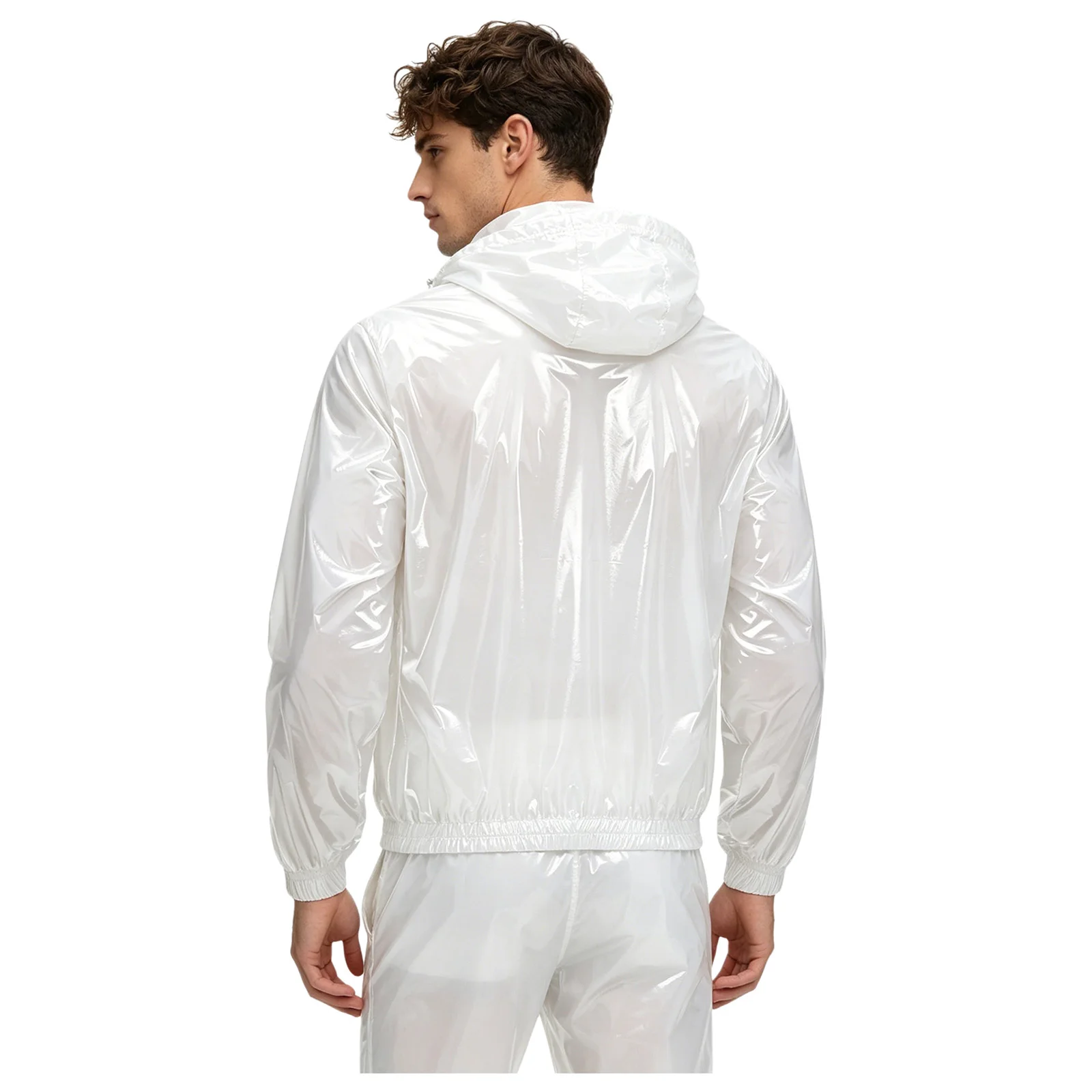 

Mens Shiny Metallic Hooded Bomber Jacket Holographic Waterproof Trench Long Sleeve Coat Festival Rave Dance Party Outerwear