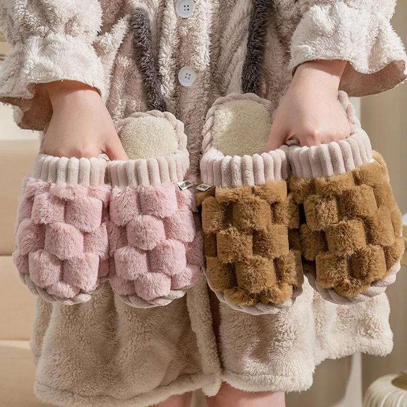 Fashion Couple Winter Toe Wrap Warm Plaid Cotton Slippers Thick Soft Sole Slides Men Women Indoor Floor Flat Home Non-slip Shoes view 3