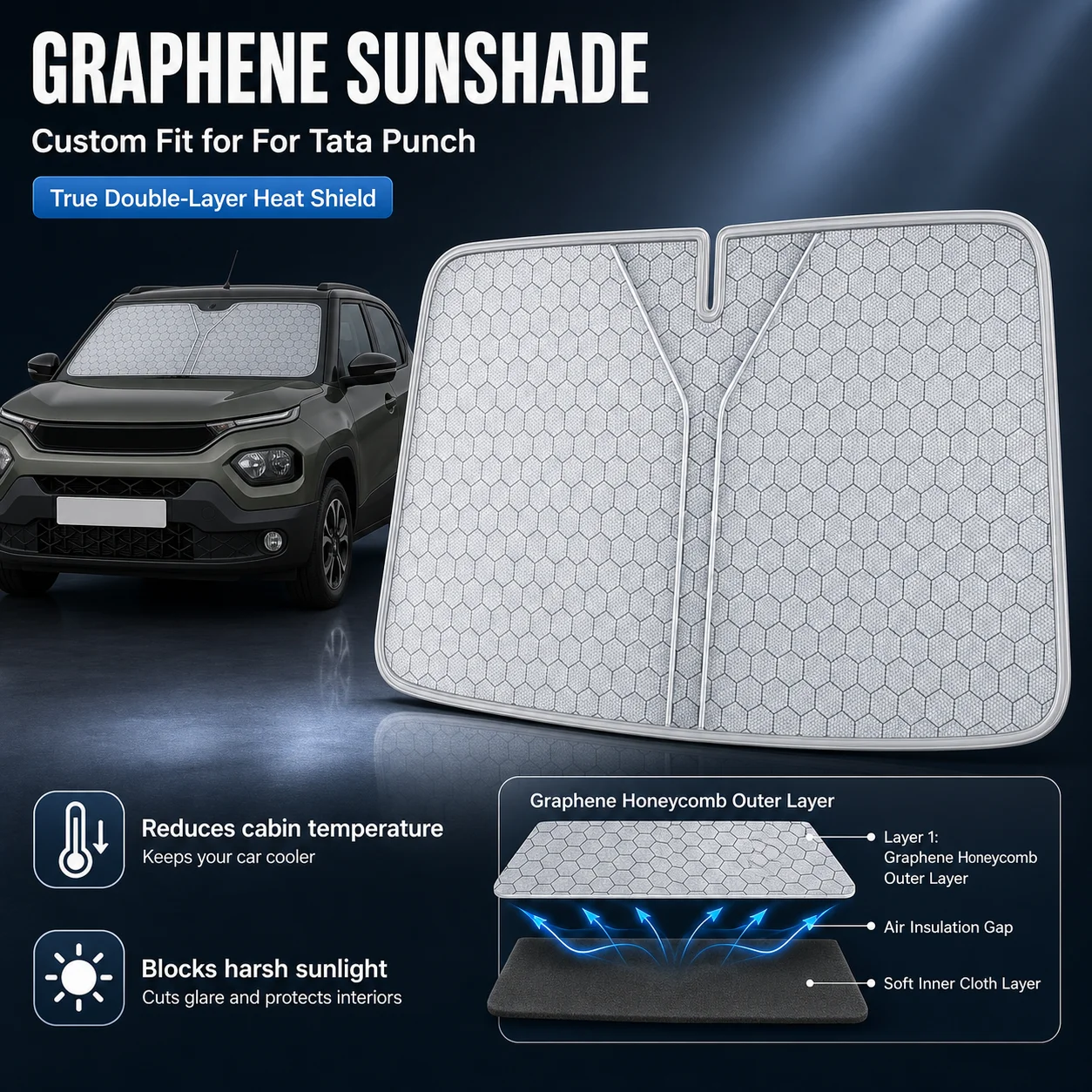 Car Accessories Tata Punch - Parasole per Parabrezza in Grafene per