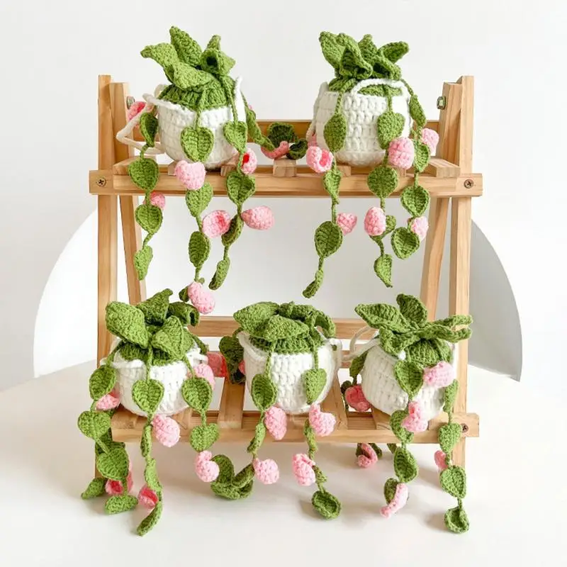 Crochet Plants Vine Hanging Basket Artificial Flowers Handmade Gift For Her Room Car Mirror Ornament Warm Home Decoration