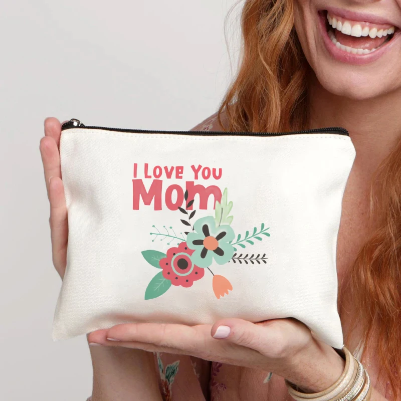 I Love You Mom Flower Print Cosmetic Bag Travel Storage Canvas Bag Pencil Case Perfume Lipstick Makeup Bags Wallet Gift for Mama