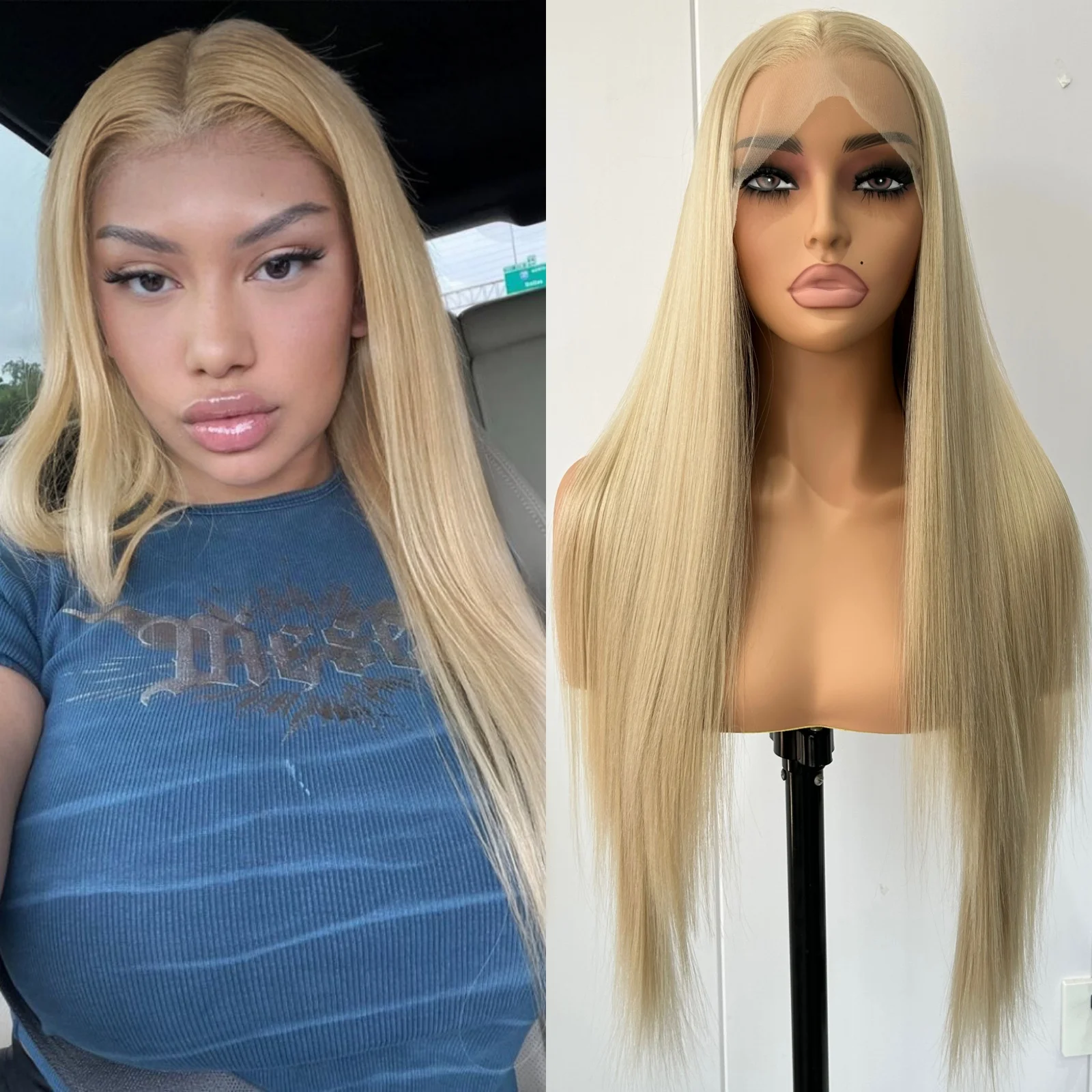 Long Honey Blonde Silky Straight Synthetic Lace Front Wigs for Women Free Part Ash Blonde Heat Resistant Fiber for Dailly Party