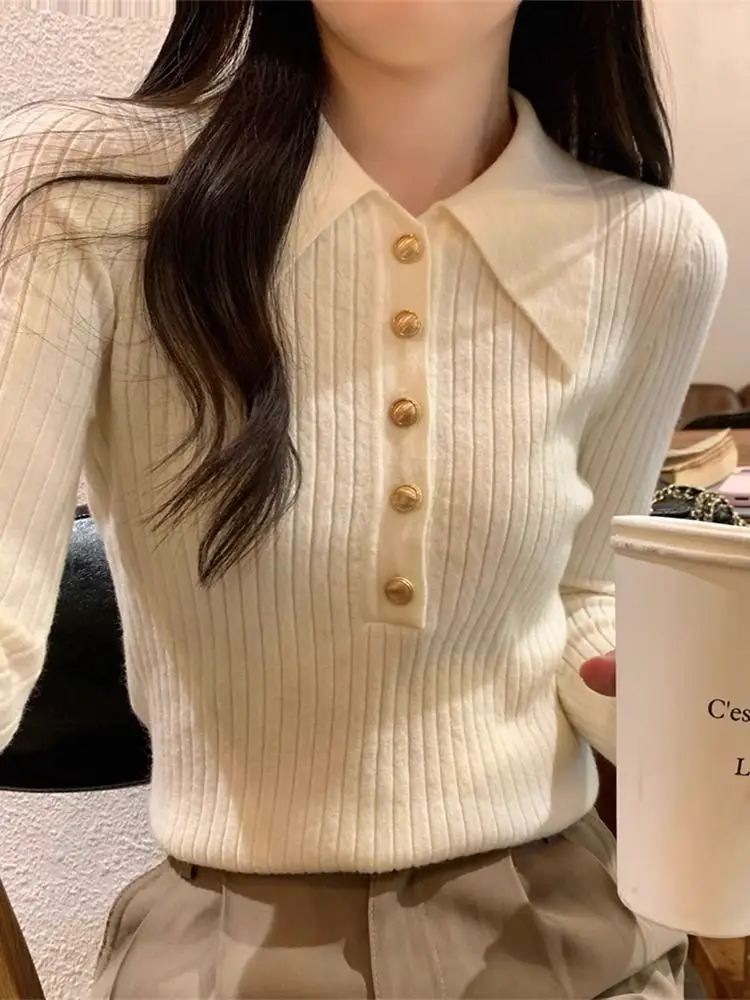 

Весенне-осенний новый пуловер с воротником-поло, вязаный базовый свитер с металлическими пуговицами, женский облегающий свитер, внутренний топ