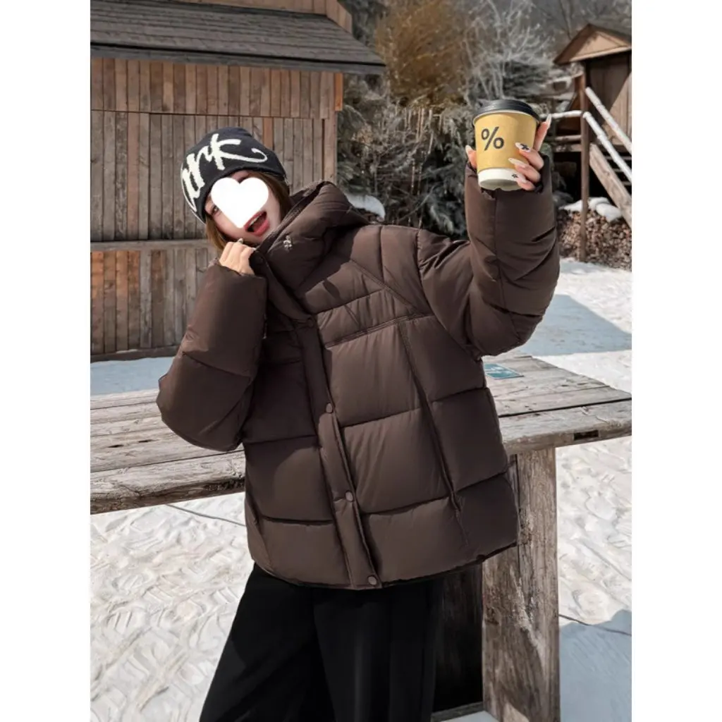 

Women's Hooded Thickened Down Cotton Jacket Winter New Style Small Size Bread Coat Loose Fit Female Outerwear