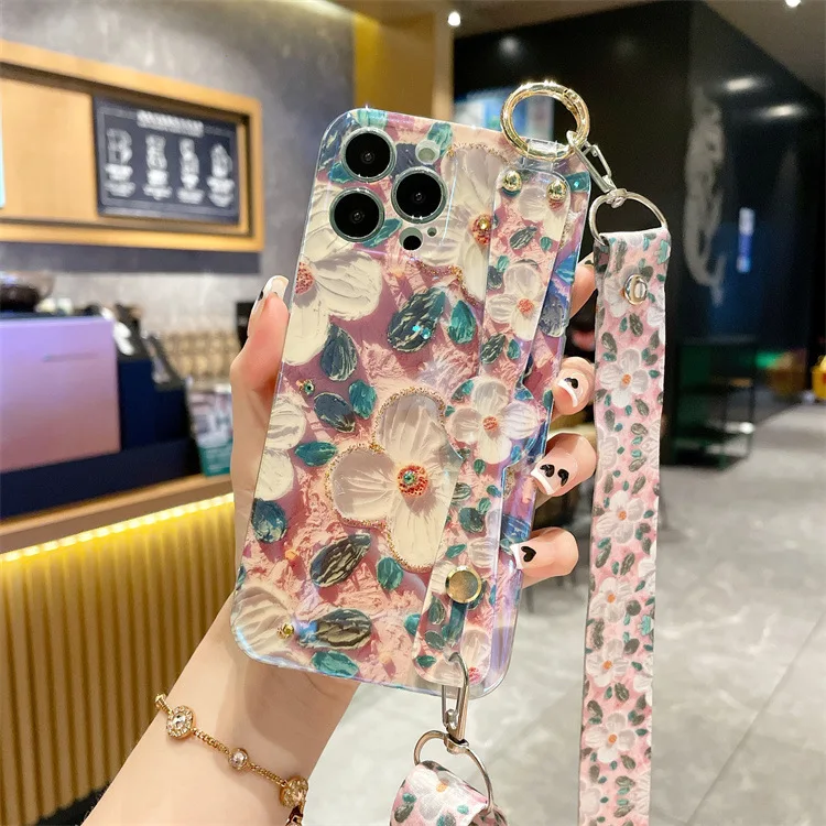Mode Ölgemälde Blume Crossbody Lanyard Handgelenk Strap Telefon Fall Für iPhone 17 Air 16 15 14 13 12 Pro max Stoßfest Abdeckung
