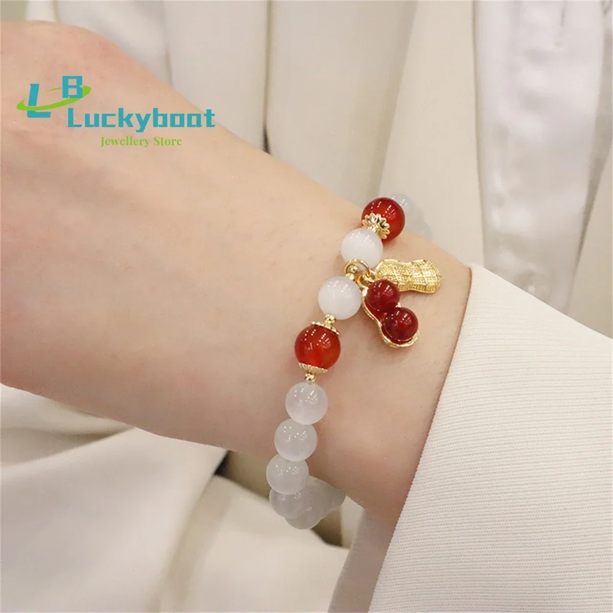Good Luck Peanut Cat Eye Stone Two Life Joyful Bracelet National Style Fashion Elastic Agate Personalized Handicrafts Wholesale