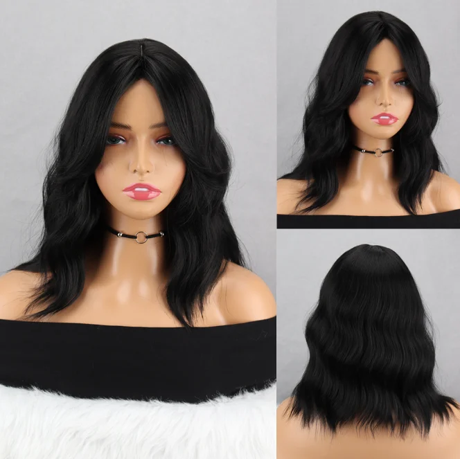 Dark Brown Wavy Bob Synthetic Wigs with Curtain Bangs for Black Women Synthetic with Bangs Shoulder Length Wig for Daily Use