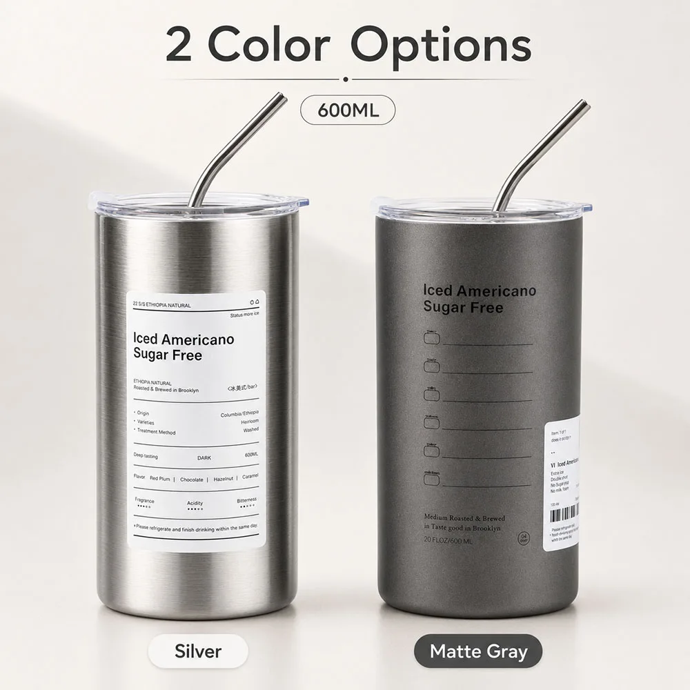 600ML Stainless Steel 304 Insulated Cup with Straw Double-Layer Reusable Tumbler for Iced Americano Coffee Cold Water Portable