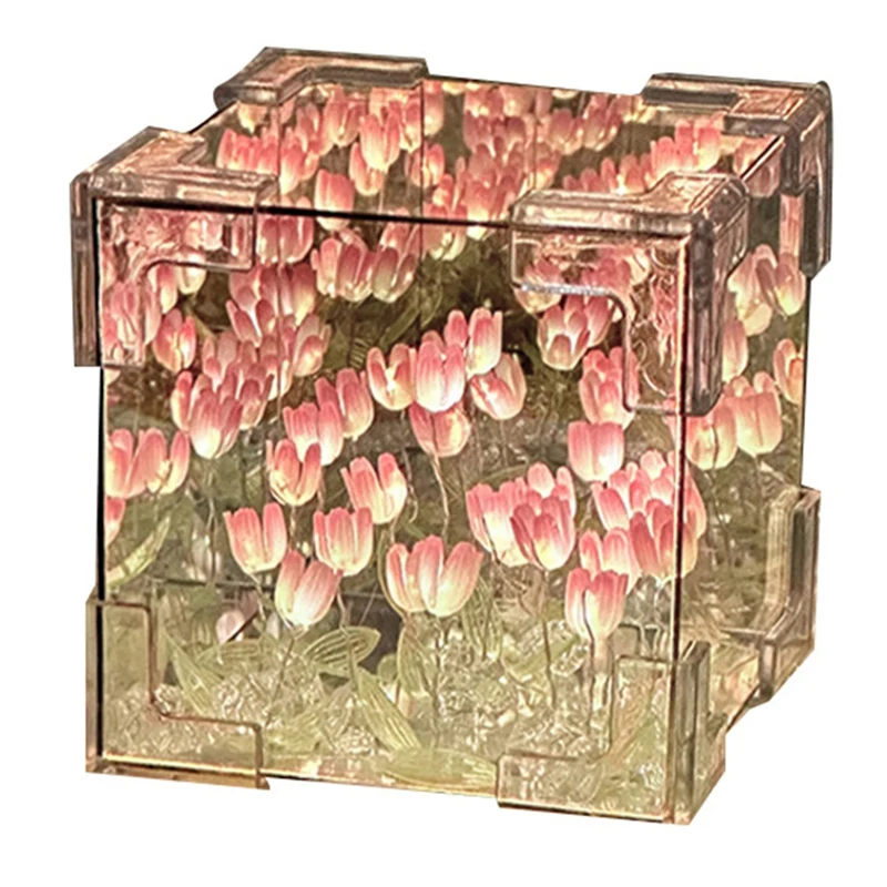 DIY ทิวลิปกระจก Cube โคมไฟจําลองดอกไม้ห้องนอน Sleeping ตาราง Handmade TULIP ขนาดเล็ก Night Light Gift-AT64