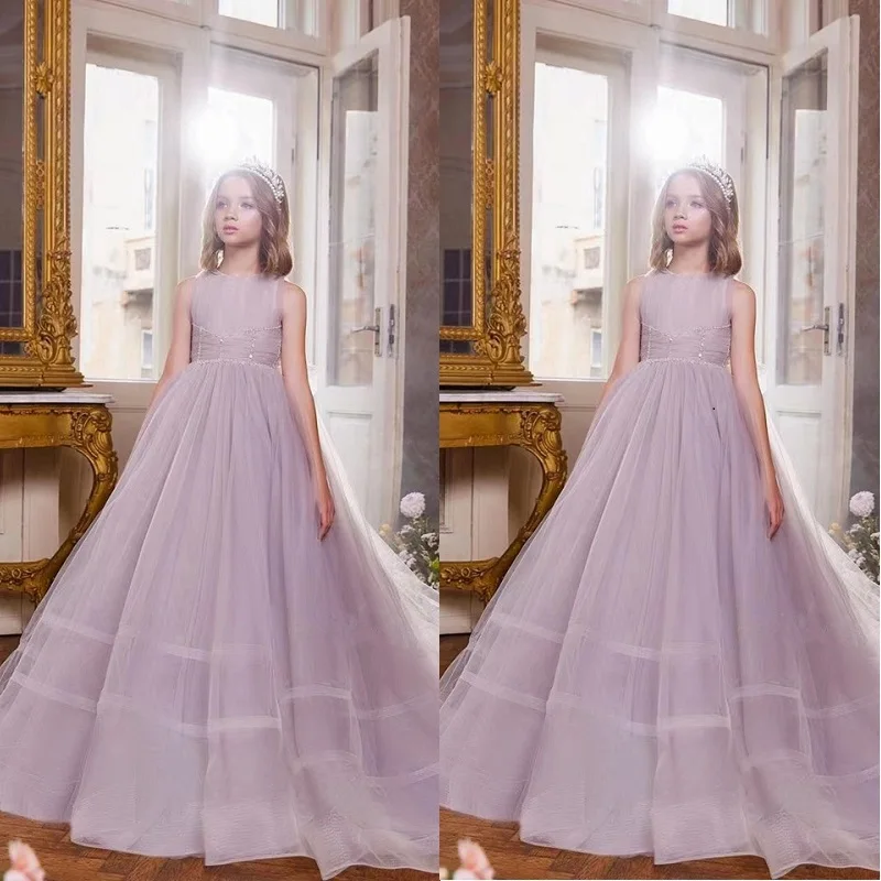 

Simple Purple Tulle Sleeveless Flower Girl Dresses For Wedding A-Line Princess Sparkly Beading Long First Communion Gowns