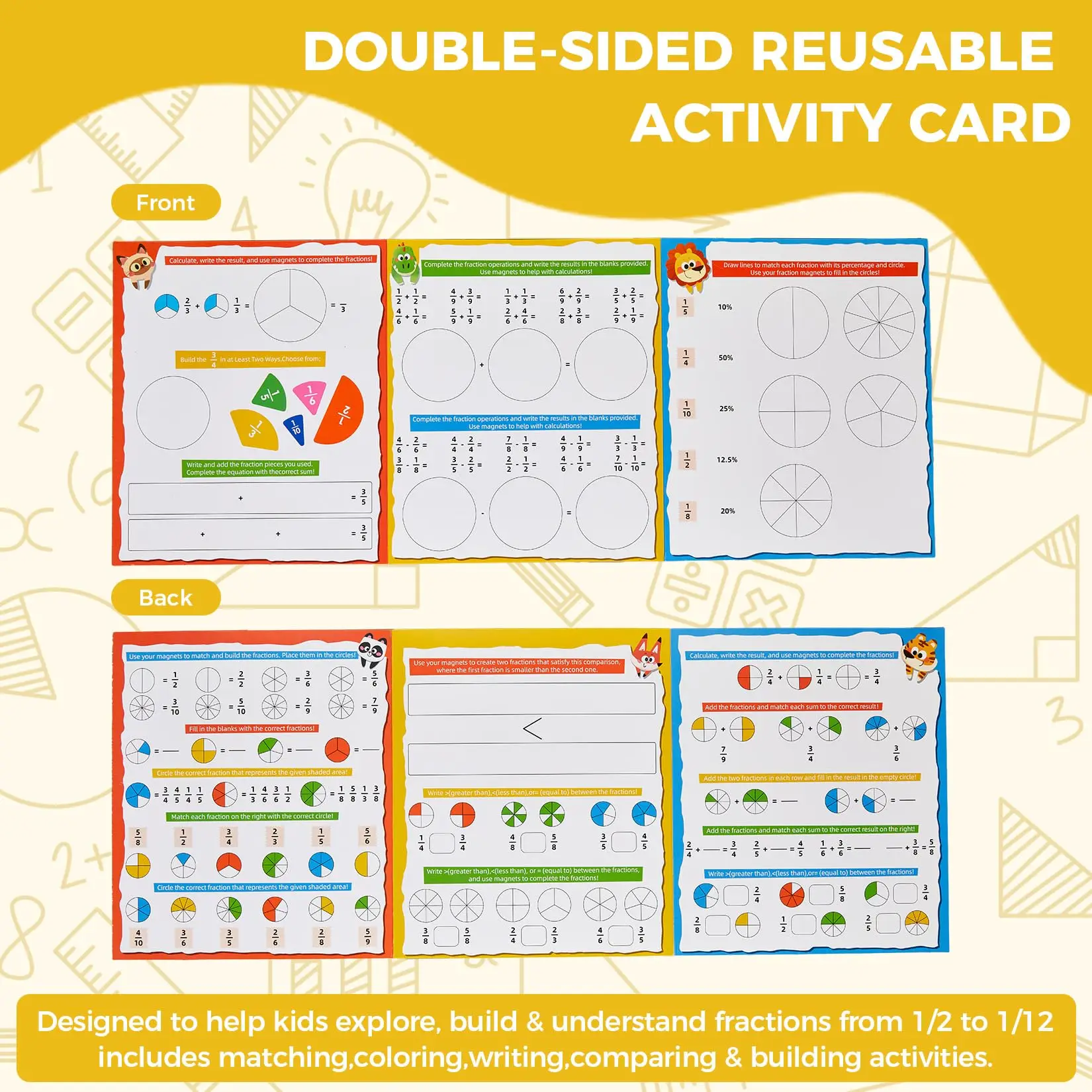 2-Fold Magnetic Fraction Manipulatives Book Set - Kids Math Fraction Learning Kit with Magnetic Fraction Tiles - Dry Erase Visual Teaching Aid for Homeschool & Study Room