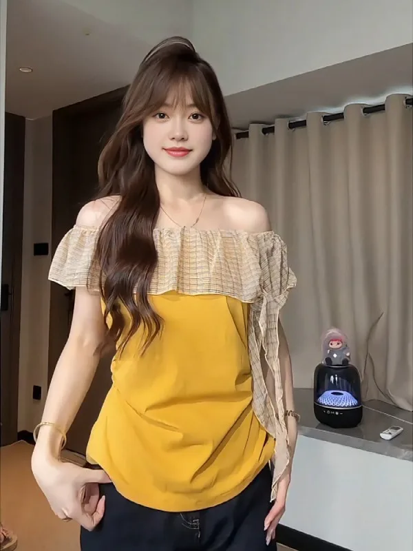 

Летний облегающий топ для полных женщин на одно плечо, в клетку, с цветными вставками, милый, с эффектом утягивания талии