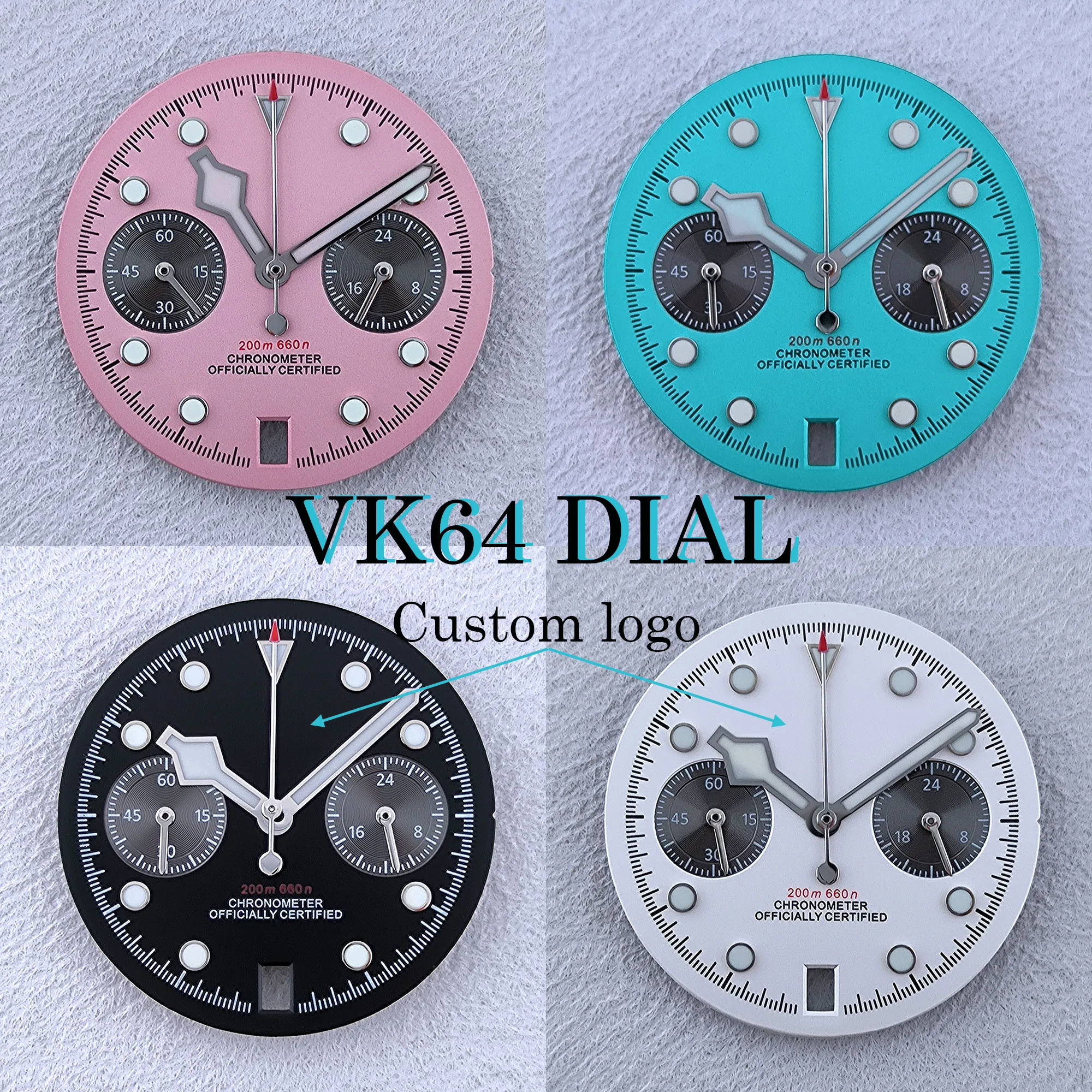 VK64 chronograph dial 29mm Custom logo panda dial Green glowing dial fit VK64 date at 6 o'clockquartz movement watch accessories