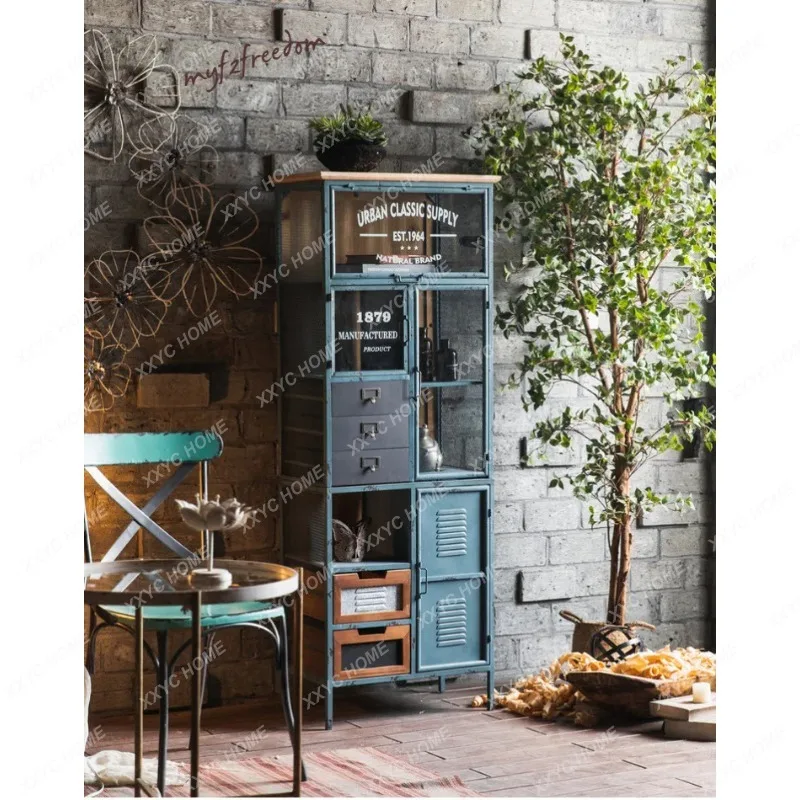 

Винтажный ретро-шкаф из кованого железа для столовой, тумба из массива дерева, витрина для гостиной, креативный многосекционный шкаф с дверцами