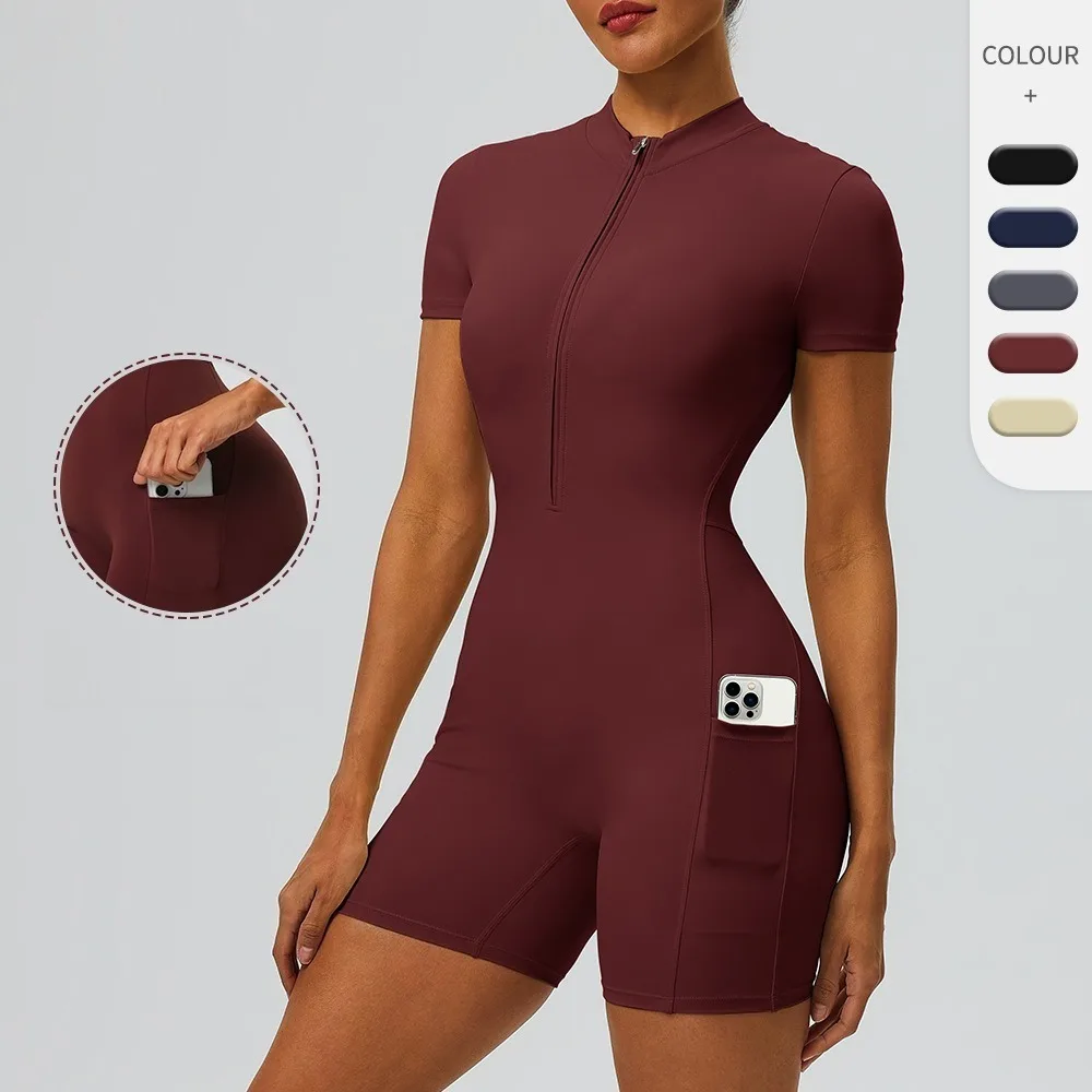 

Женский спортивный комбинезон для йоги с коротким рукавом, молнией, функциональными карманами, утягивающим эффектом на талии и эффектом подтяжки ягодиц, облегающий крой.