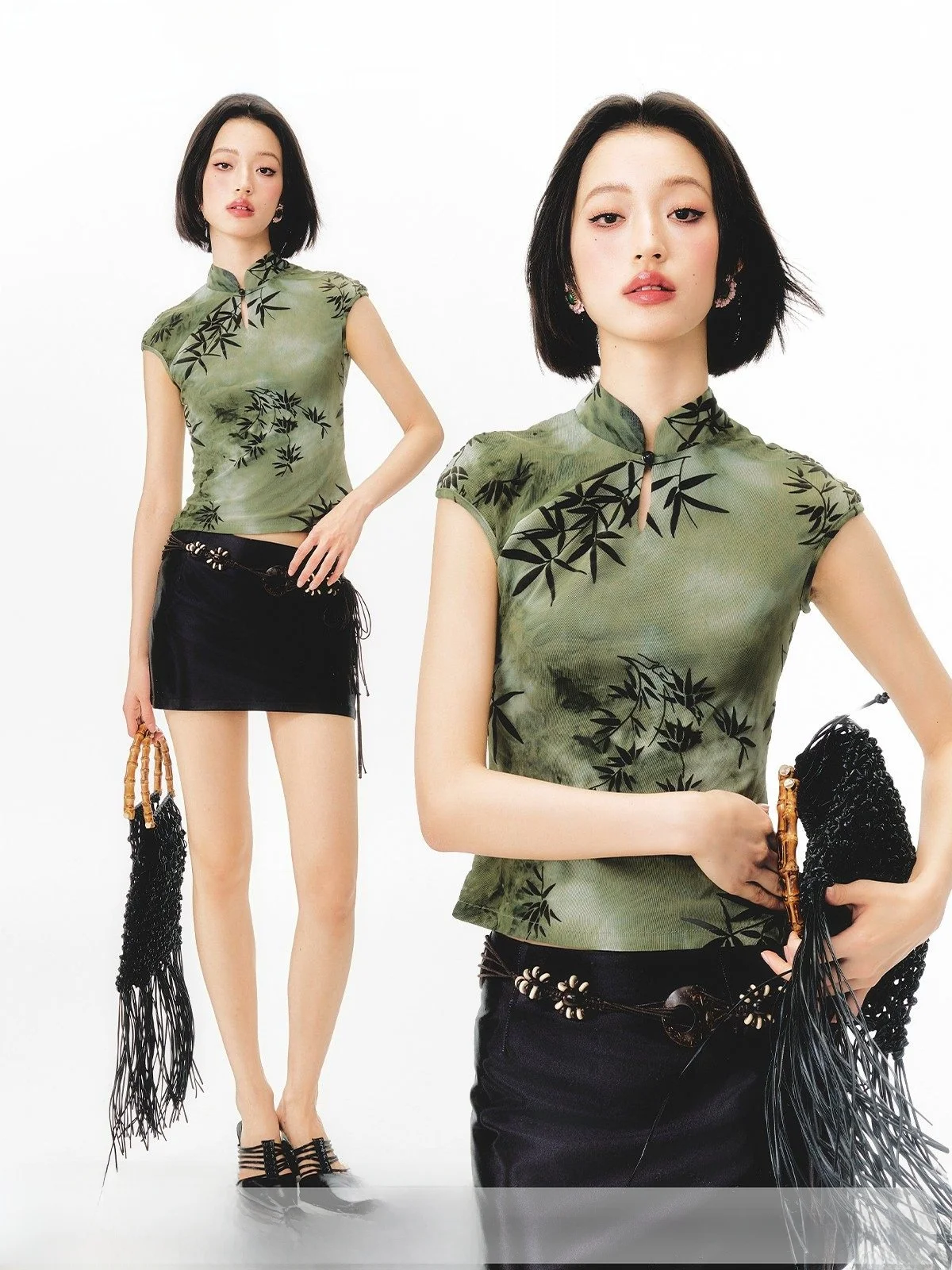 

Новая китайская приталенная футболка с коротким рукавом и воротником-стойкой на пуговицах для женщин Yang Er Da Meng, летний дизайн 2025 года