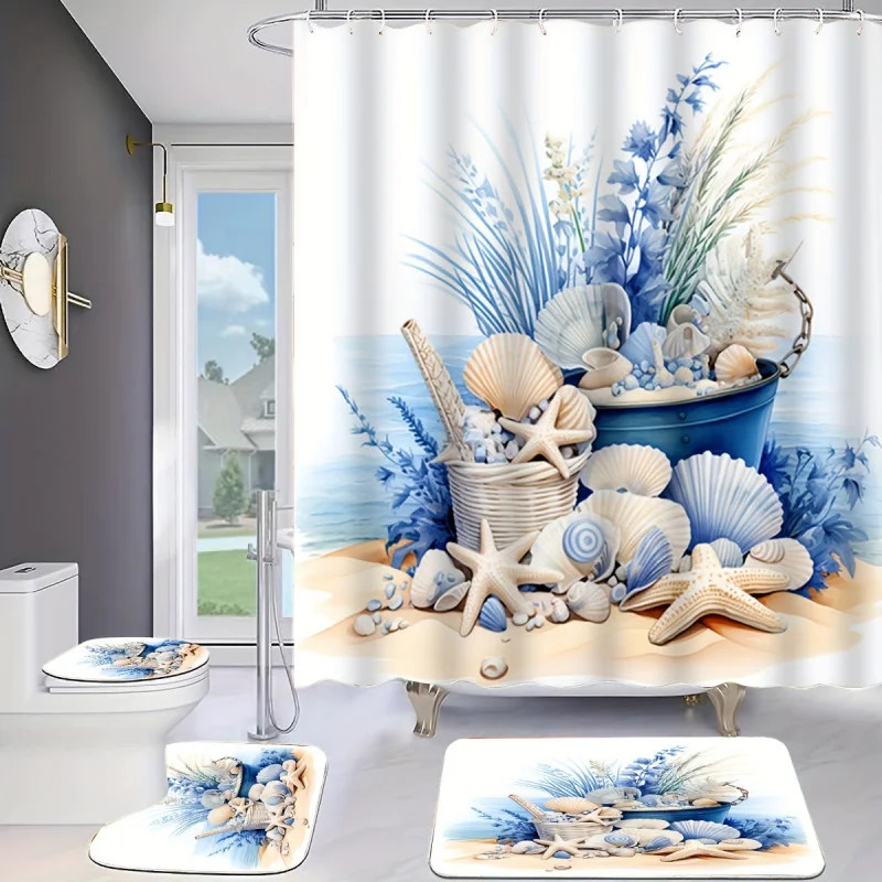 4pcs Retro Elegant 3D Shell Starfish Print Shower Curtain Set, Decorative Bathroom Set Including Waterproof Shower Curtain, No