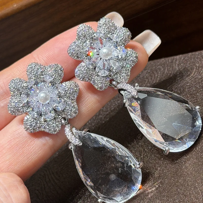 Flower Pearl Cubic Zirconia Teardrop Dangle Earrings Large Clear Water Drop Crystal Silver Plated Long Drop Earrings Luxury