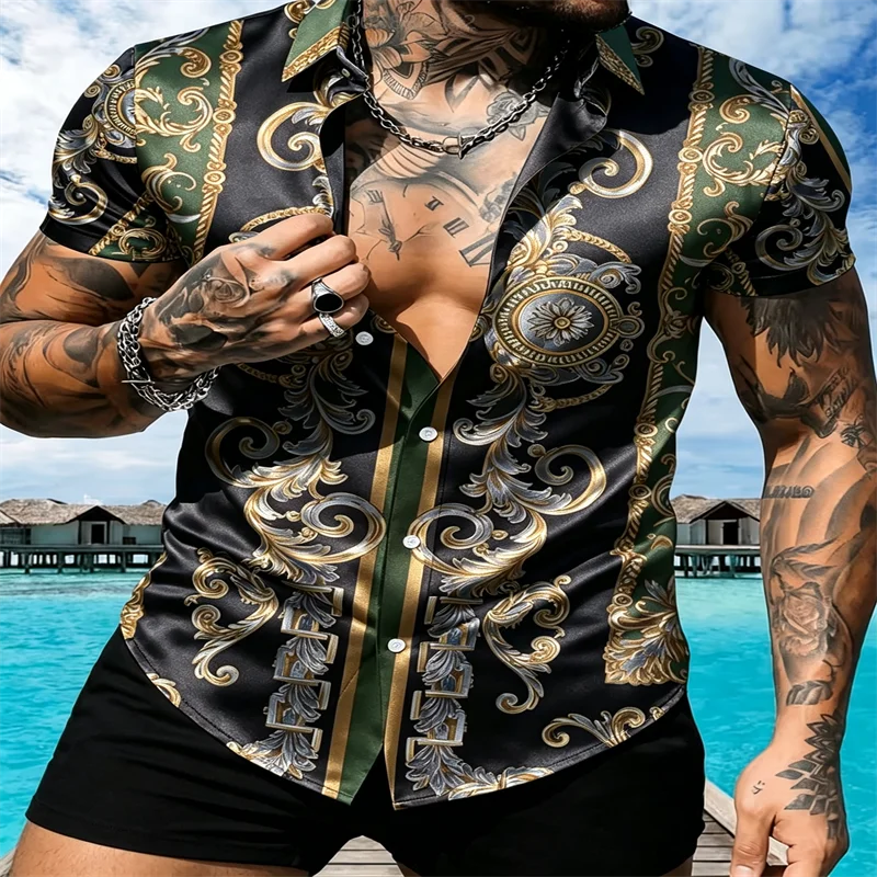Men Elegant Glossy Satin Short Sleeve Shirt Retro Baroque Gold Print Fashion Button‑Up Nightclub Party Male Tops