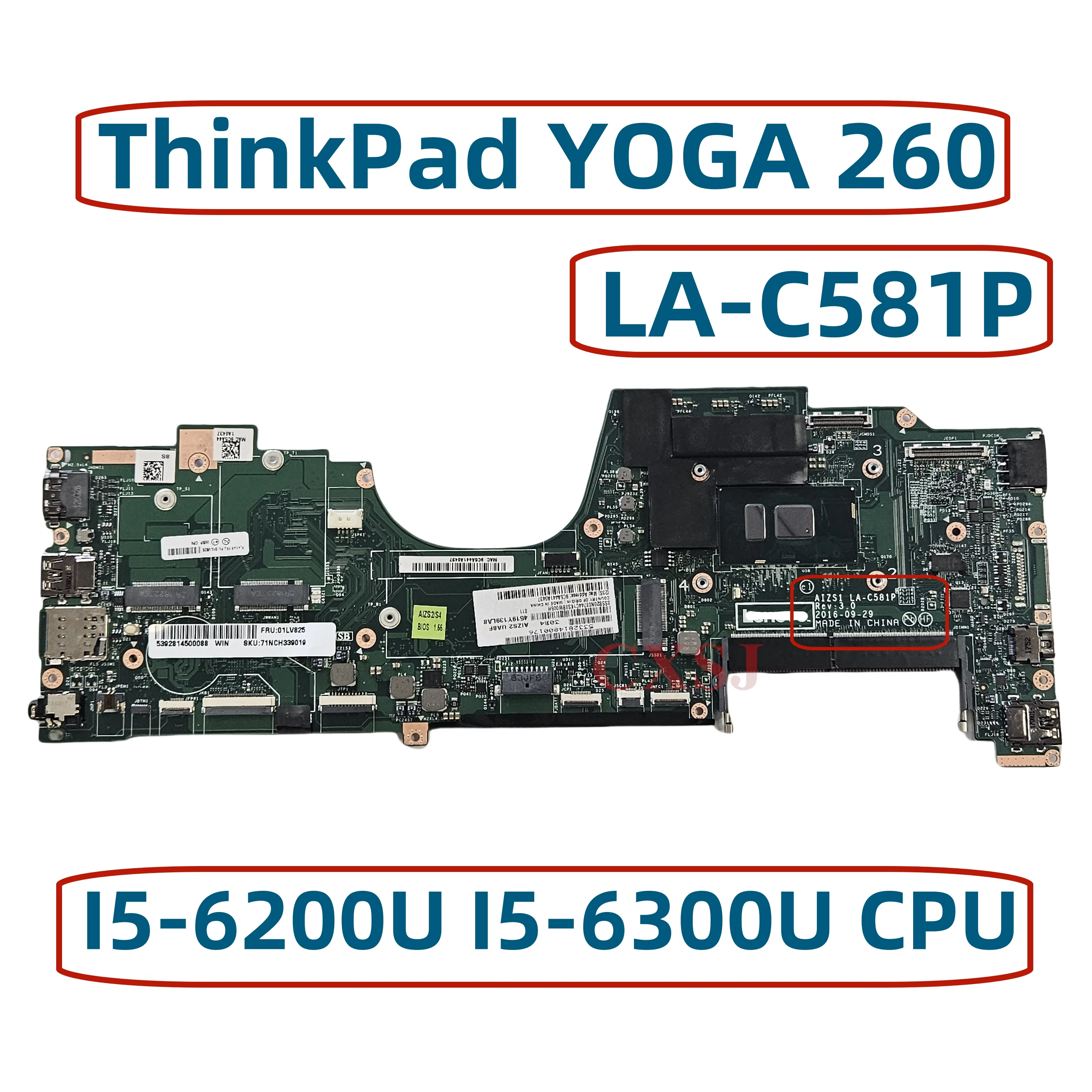 NOVO 01AY766 AIZS3 LA-C581P Para Lenovo ThinkPad YOGA 260 laptop placa-mãe com I5-6200U I5-6300U CPU 100% testado totalmente funcionando