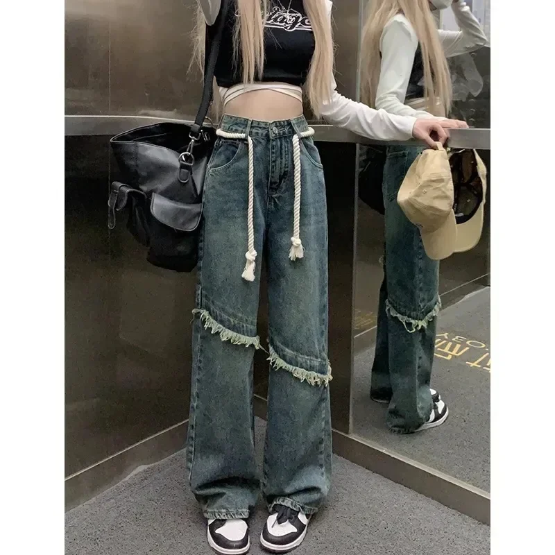 

Raw edges make old retro jeans, women's autumn and winter new loose, high waist, straight wide-leg pants and drawstring pants.