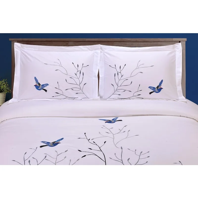 Superior 100% Cotton Percale Embroidered 3-Piece Duvet Cover Set, Full/Queen, Blue Swallow