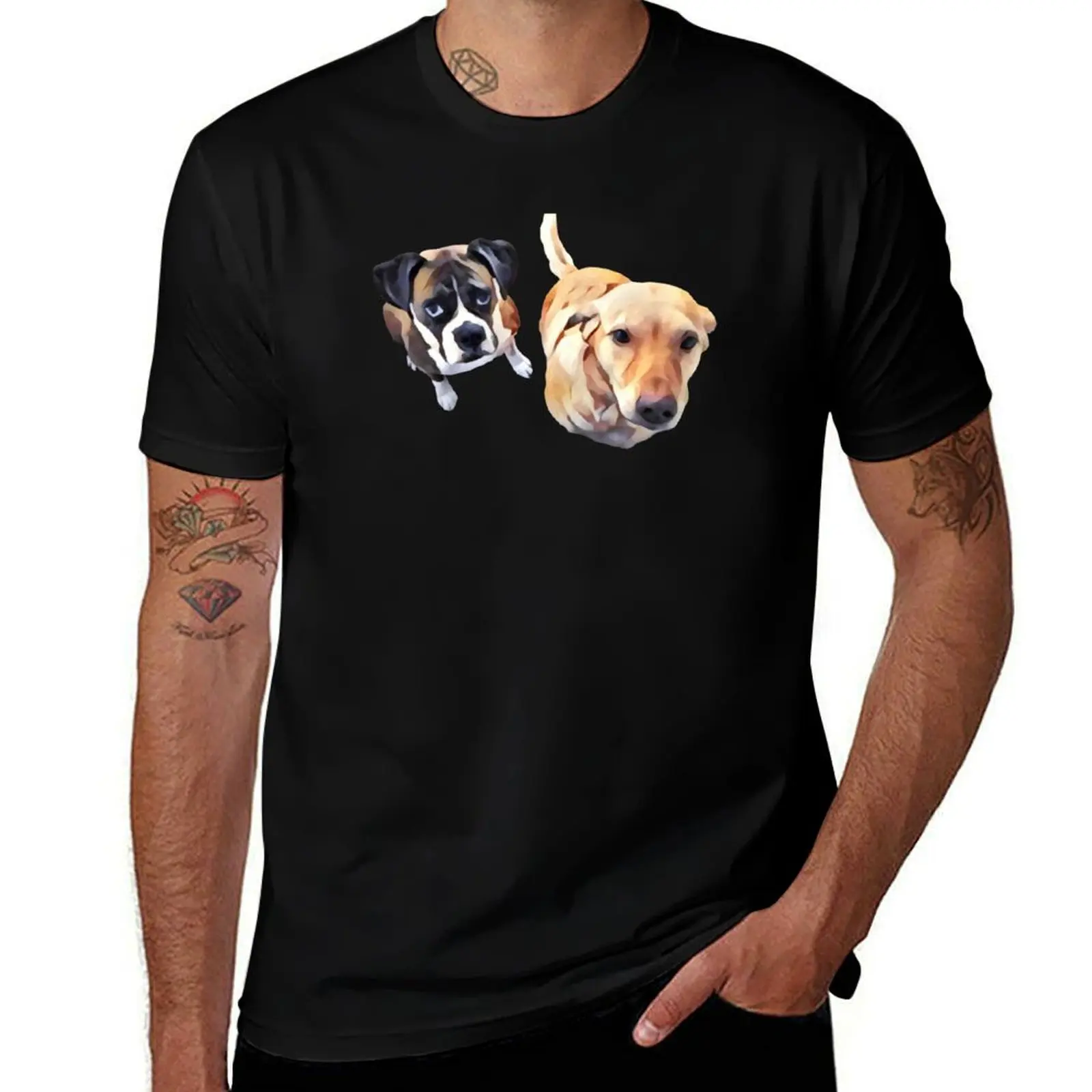 Begging Dogs, Boxer and Yellow Lab Watercolor Portrait T-Shirt Street Art Print Tee Shirt T-Shirt