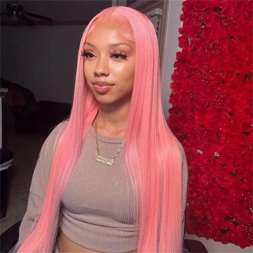 FANXITION Light Pink Lace Front Wigs for Women Long Silky Straight Synthetic Hair Wig Pink Lace Frontal Wig Heat Fiber Cosplay